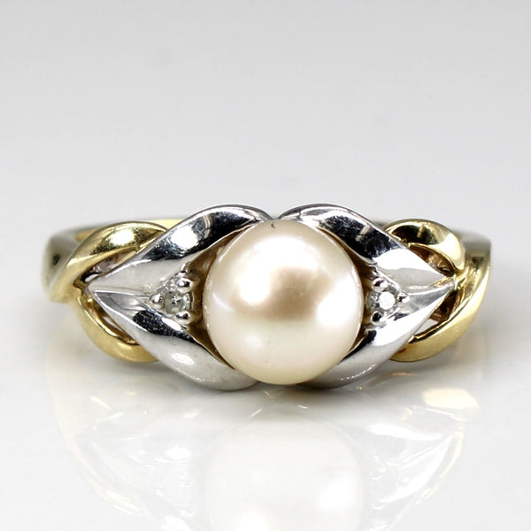 Two Tone Gold Pearl & Diamond Ring | 0.02ctw | SZ 7 |