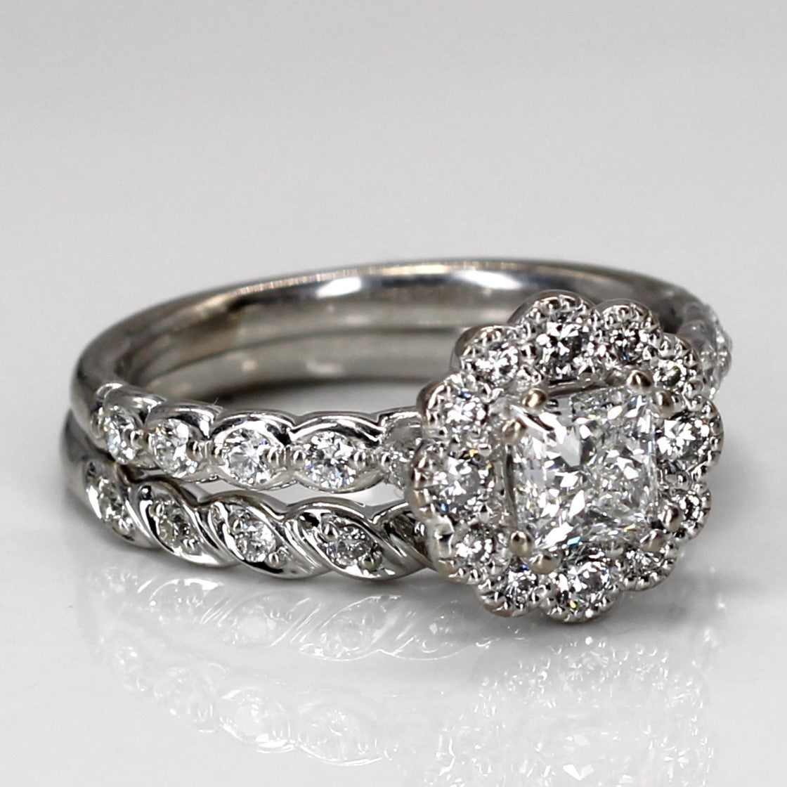 GIA Certfied 18k Canadian Halo Diamond Engagement Ring Set | 1.05ctw SI1 E | SZ 6.25 |