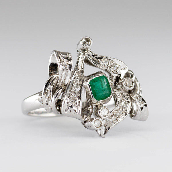 Emerald & Diamond Ribbon 14k Ring | 0.28ct, 0.15ctw | SZ 5.5 |