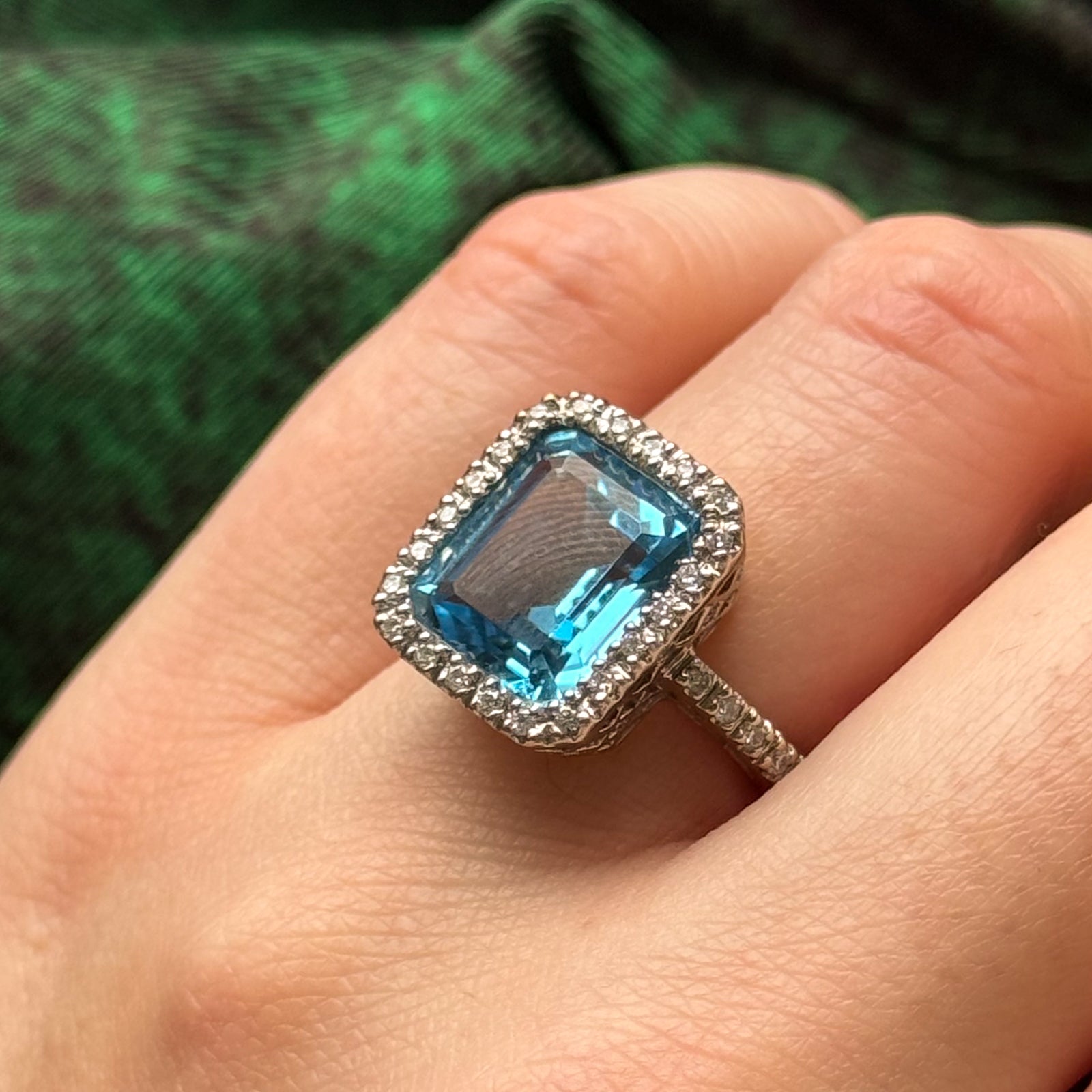 Blue Topaz & Diamond Halo Cocktail Ring | 6.50ct, 0.25ctw | SZ 5.25 |