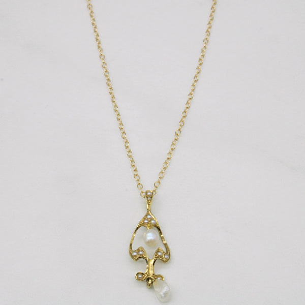 Art Nouveau Gold and Pearl Pendant Necklace | 16