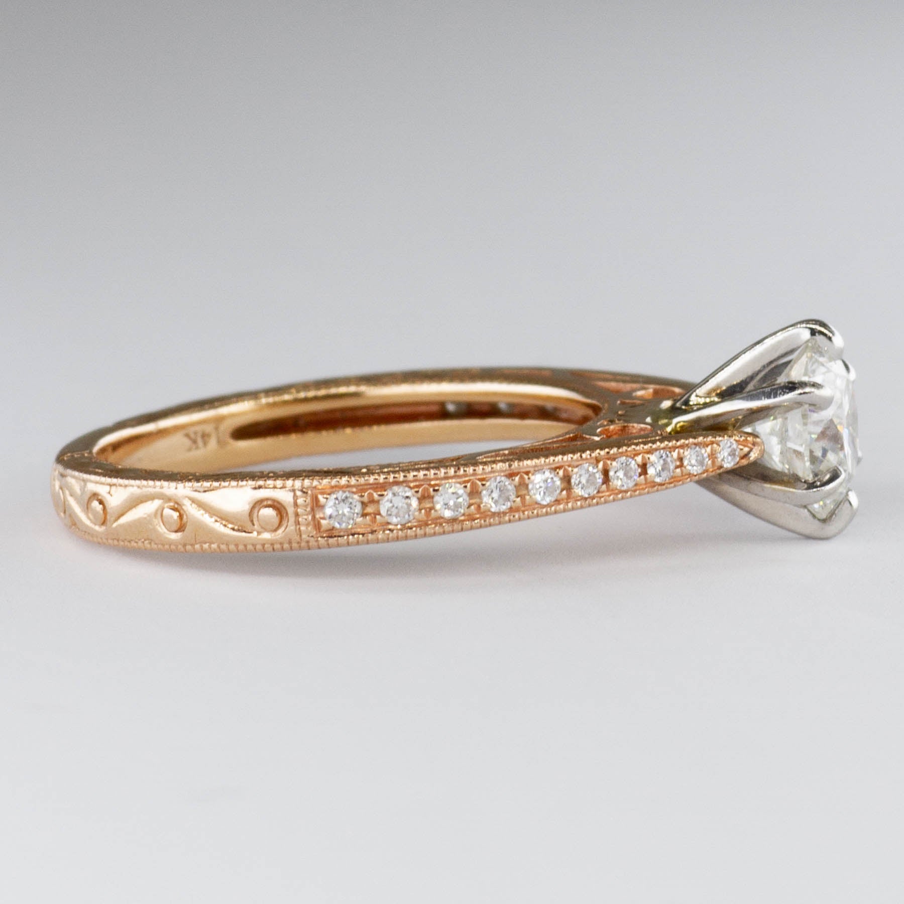 Scroll and Millgrain Design 6-Prong Diamond Engagement Ring | 0.65ctw VS1 G Ex | SZ 4 |