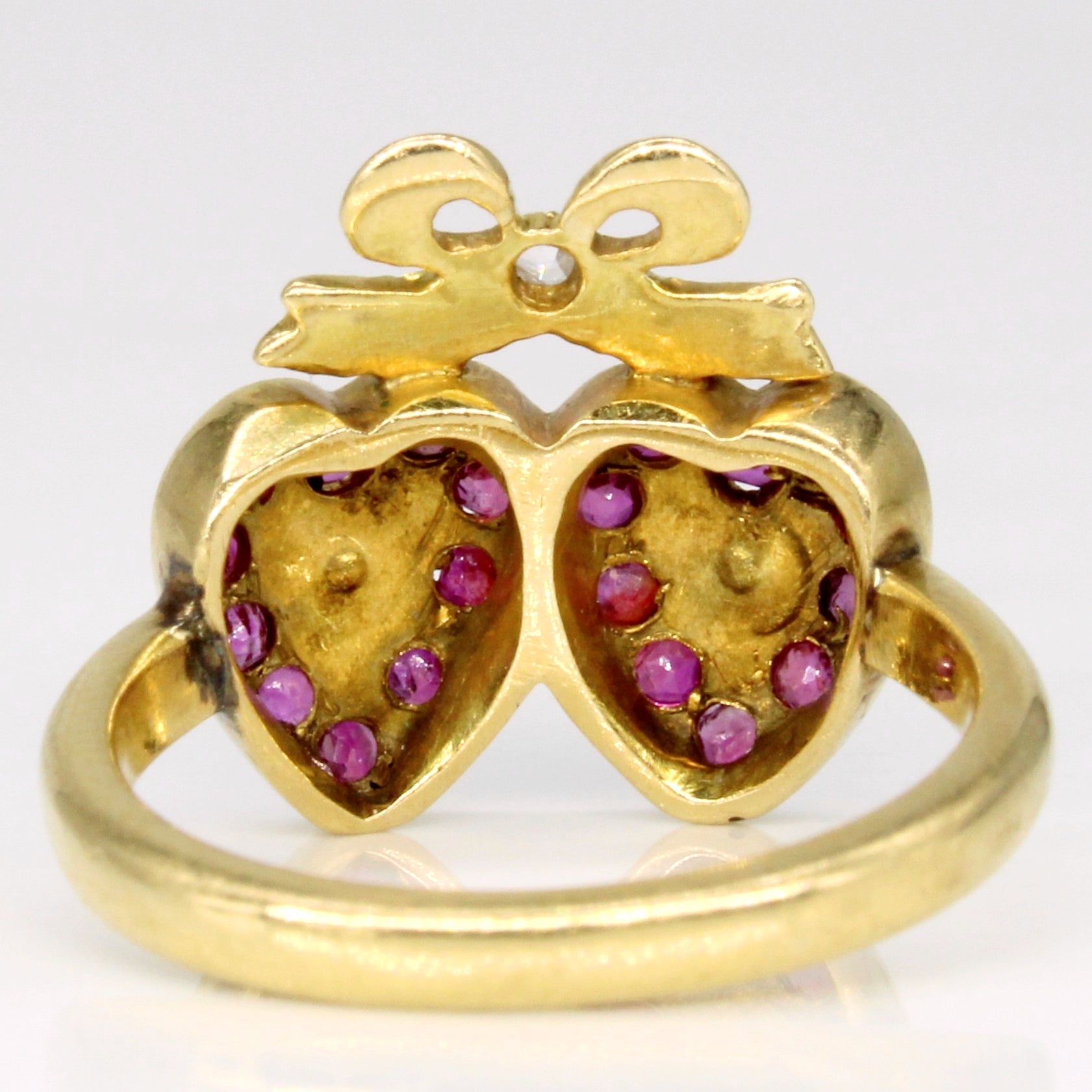 Victorian Ruby & Rose Cut Diamond Double Heart & Bow Ring | 0.50ctw, 0.24ctw | SZ 5.5 |