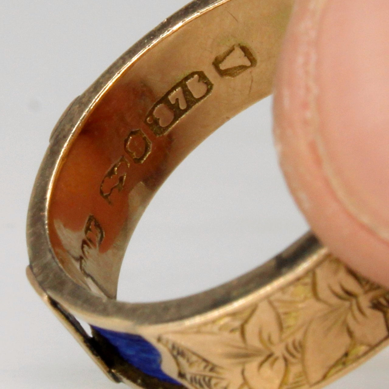 1884 Victorian 9k Heart Ring with Hand Carving and Blue Ribbon | SZ 5.75 |