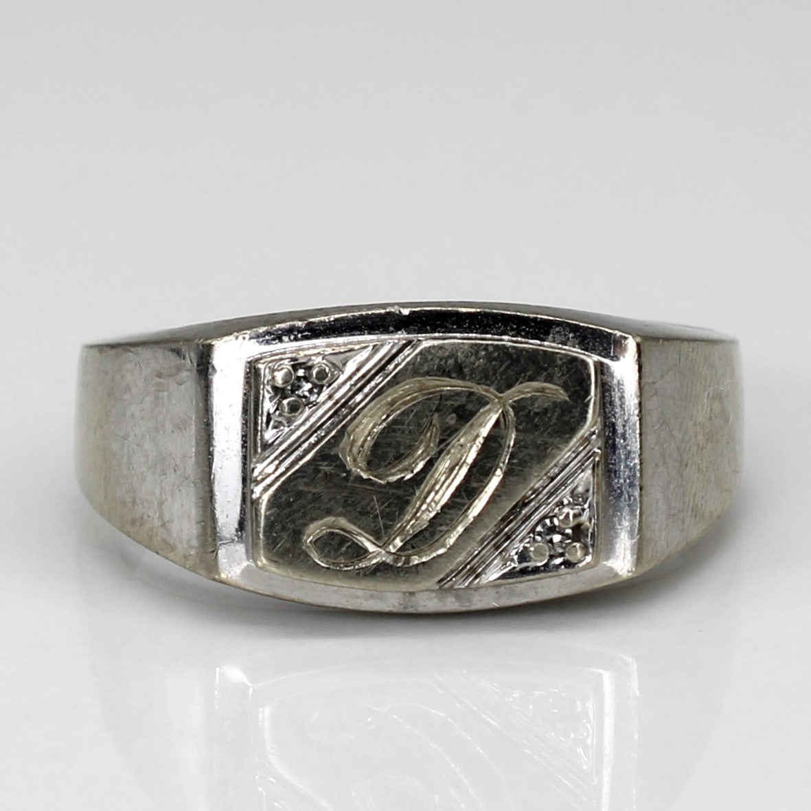 Initial 'D' White Gold and Diamond Signet Ring | 0.005ctw |SZ 10 |