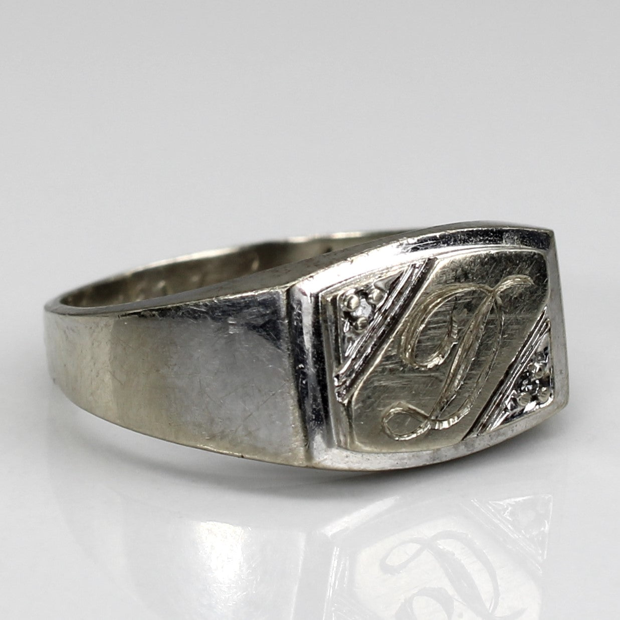 Initial 'D' White Gold and Diamond Signet Ring | 0.005ctw |SZ 10 |