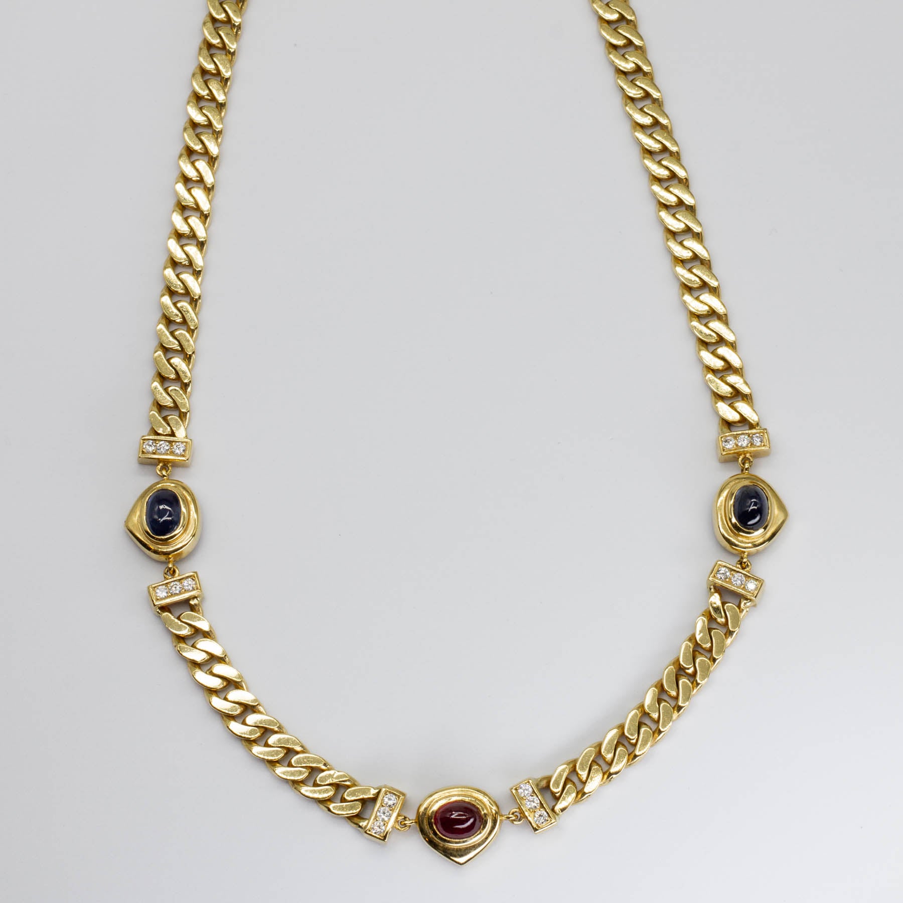 Sapphire, Ruby Cabochon and Diamond Curb Chain Necklace | 2.9ctw, 1.5ctw 0.5ctw | 17