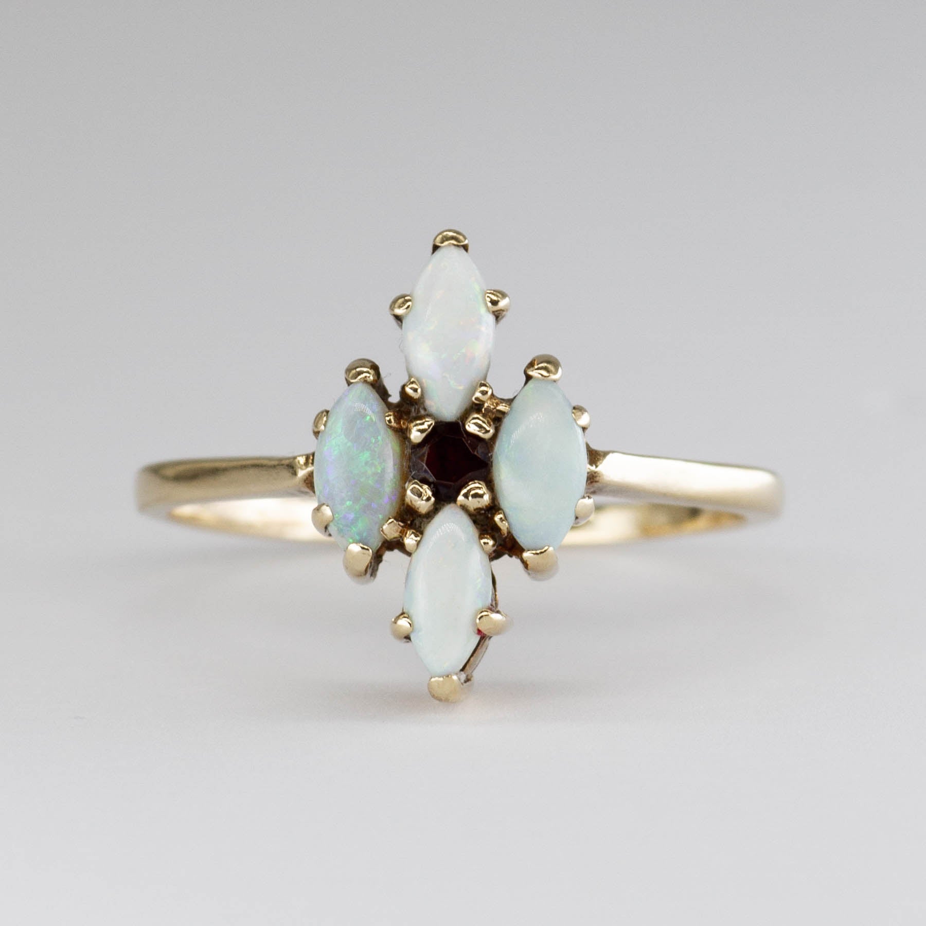 Vintage Opal Cluster with Centre Garnet Cocktail 10k Ring | SZ 9.5 |