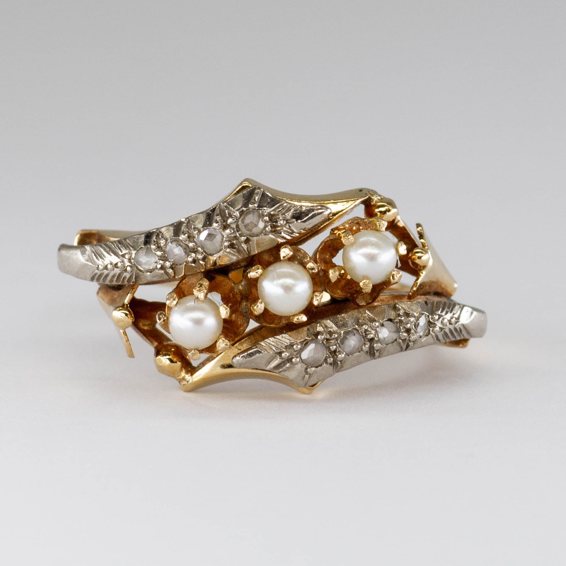 Bague vintage en or 18 carats avec perle et diamant taille rose | 0,08 ct | Taille 6,75 | 
