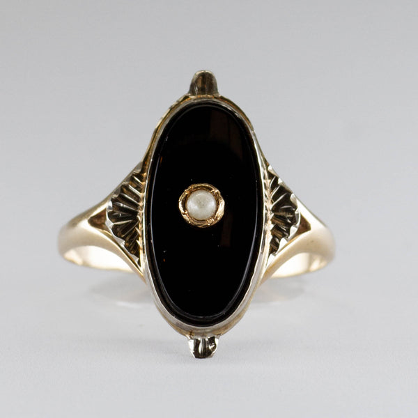 Vintage Onyx Cabochon with Simulant Pearl 10k Ring | 1.50ct | SZ 5.5 |