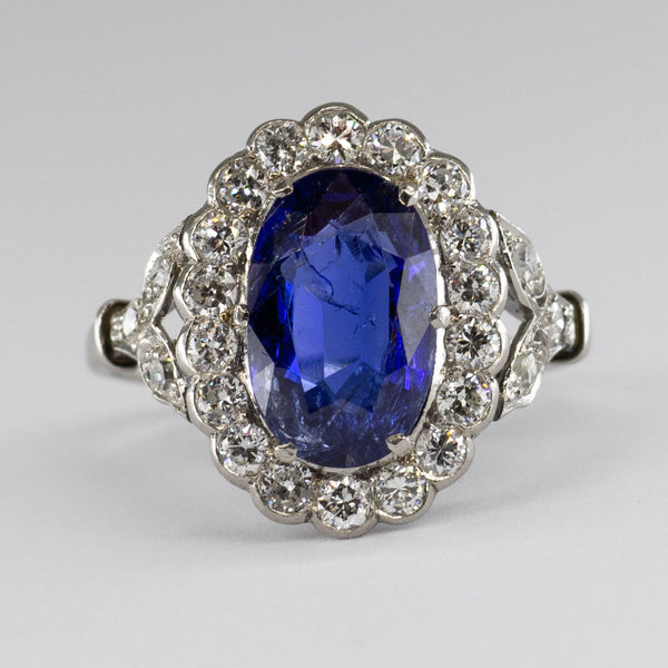 Art Deco Platinum Sapphire & Diamond Halo Engagement Ring | 1.90ct, 0.62ctw | SZ 6 |