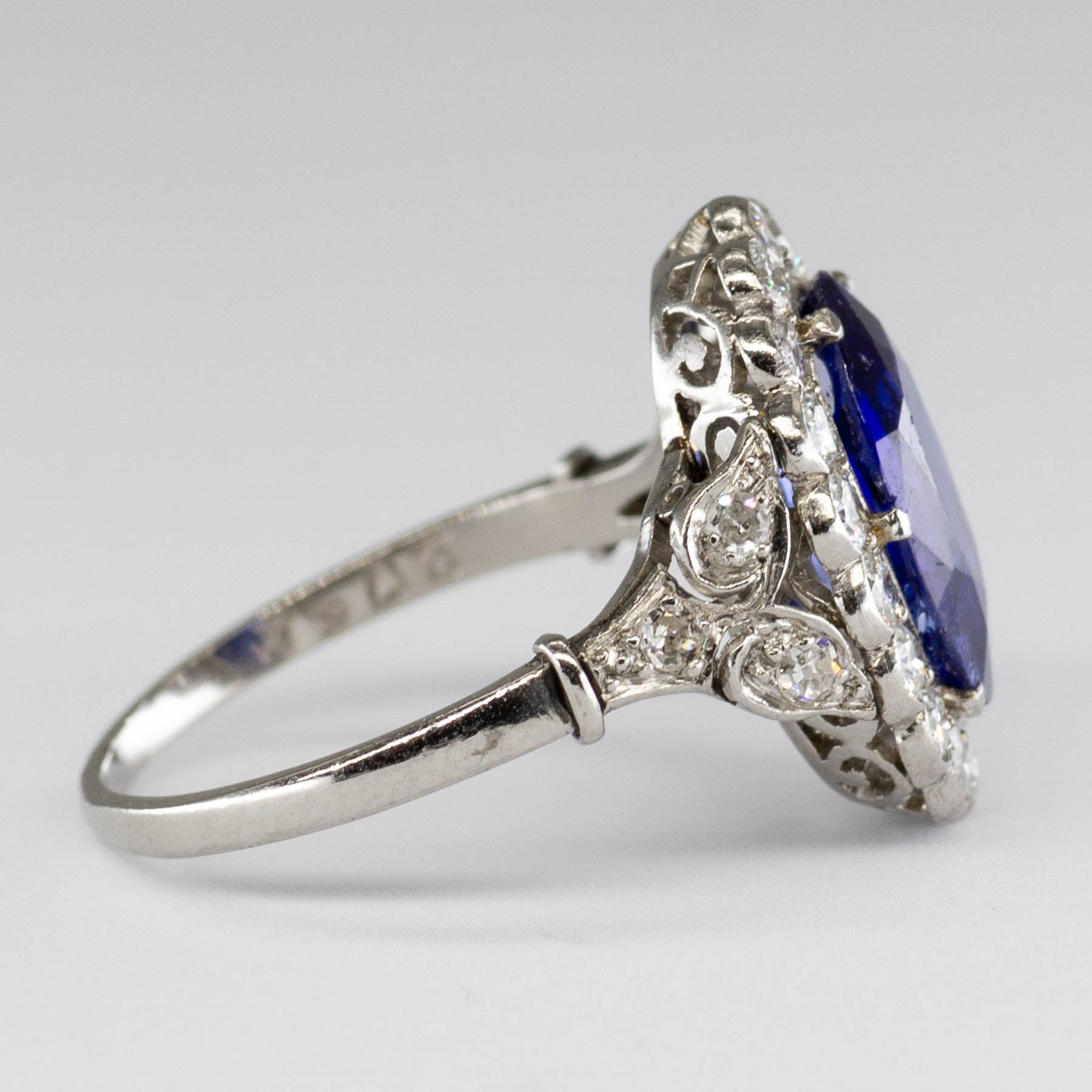 Art Deco Platinum Sapphire & Diamond Halo Engagement Ring | 1.90ct, 0.62ctw | SZ 6 |