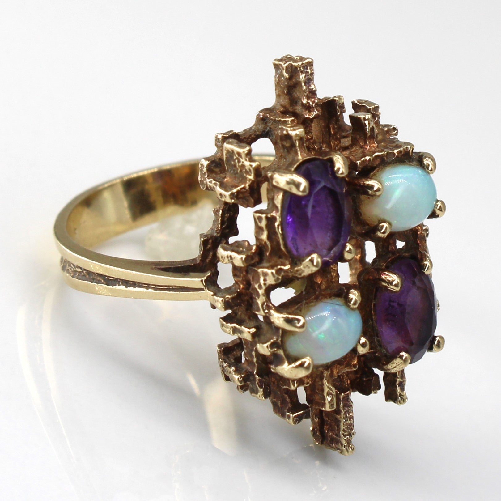 Amethyst & Opal Textured Gold Ring | 1.20ctw | 0.50ctw | SZ 8.5 |