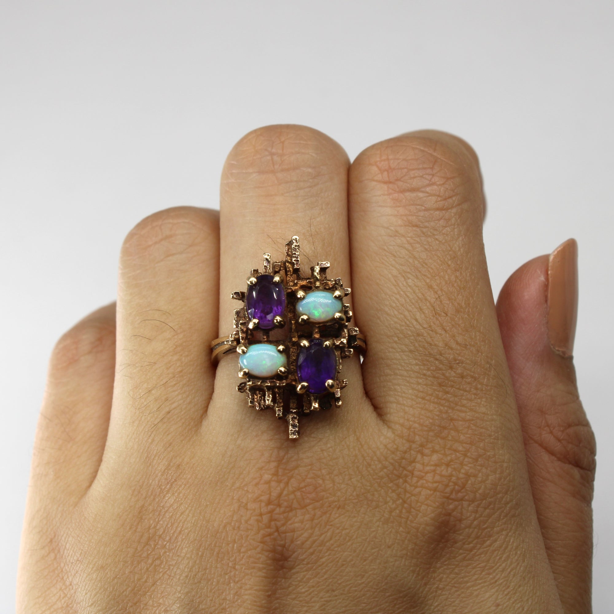 Amethyst & Opal Textured Gold Ring | 1.20ctw | 0.50ctw | SZ 8.5 |