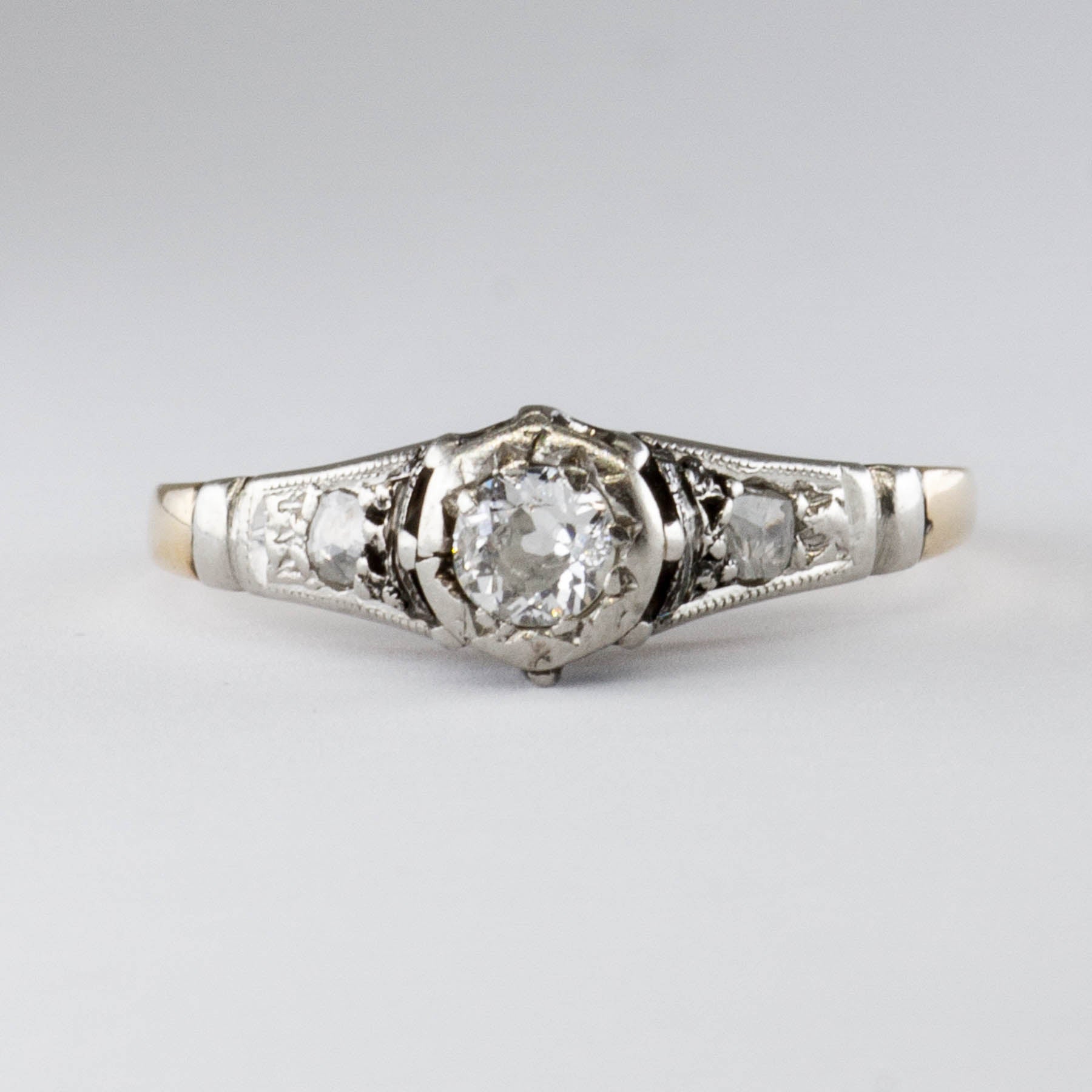 Art Deco 14k Yellow Gold & Platinum Diamond Ring | 0.12ct  | SZ 4.5 |