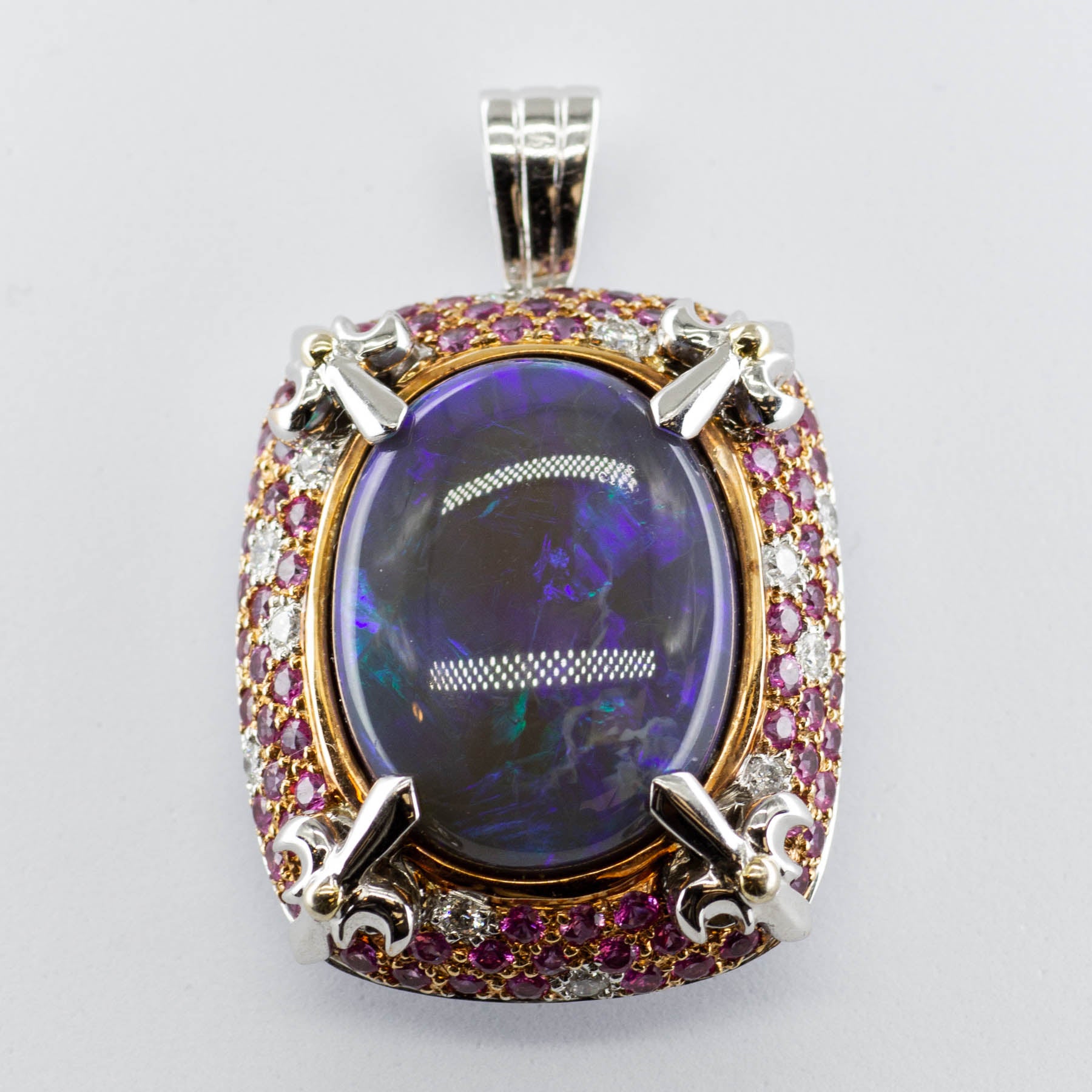 Pendentif/bague convertible en or blanc 18 carats avec opale noire, saphir rose et diamants | 15,85 ct | Taille 7 