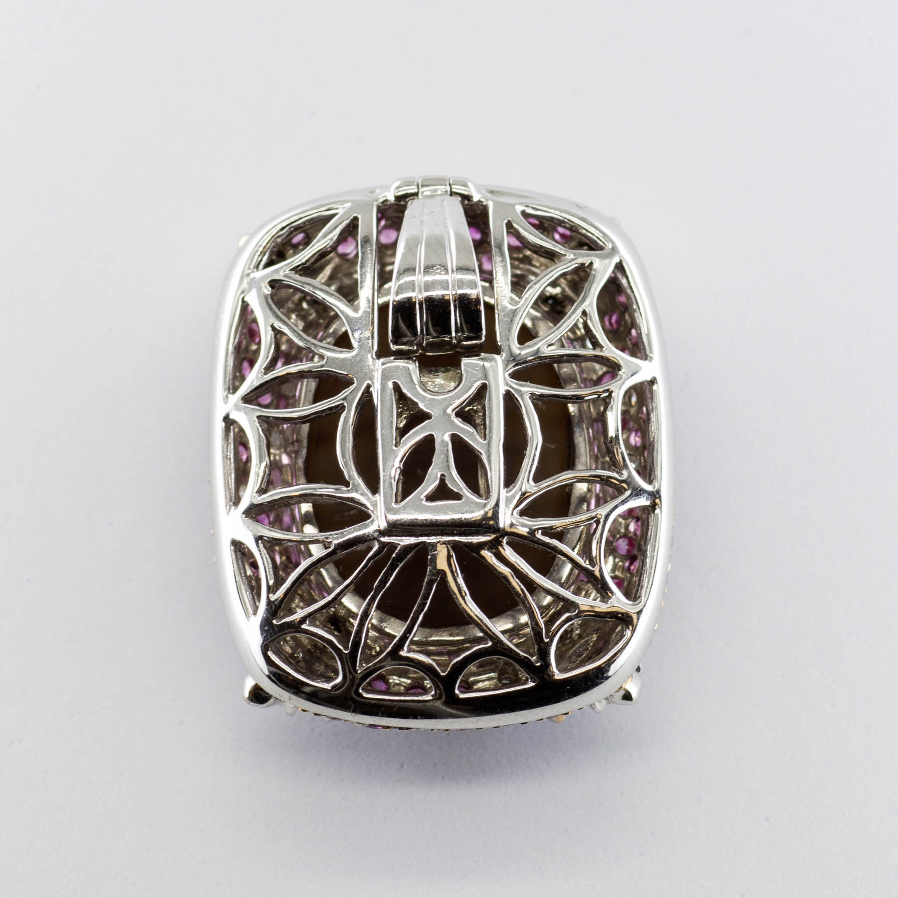 Pendentif/bague convertible en or blanc 18 carats avec opale noire, saphir rose et diamants | 15,85 ct | Taille 7 