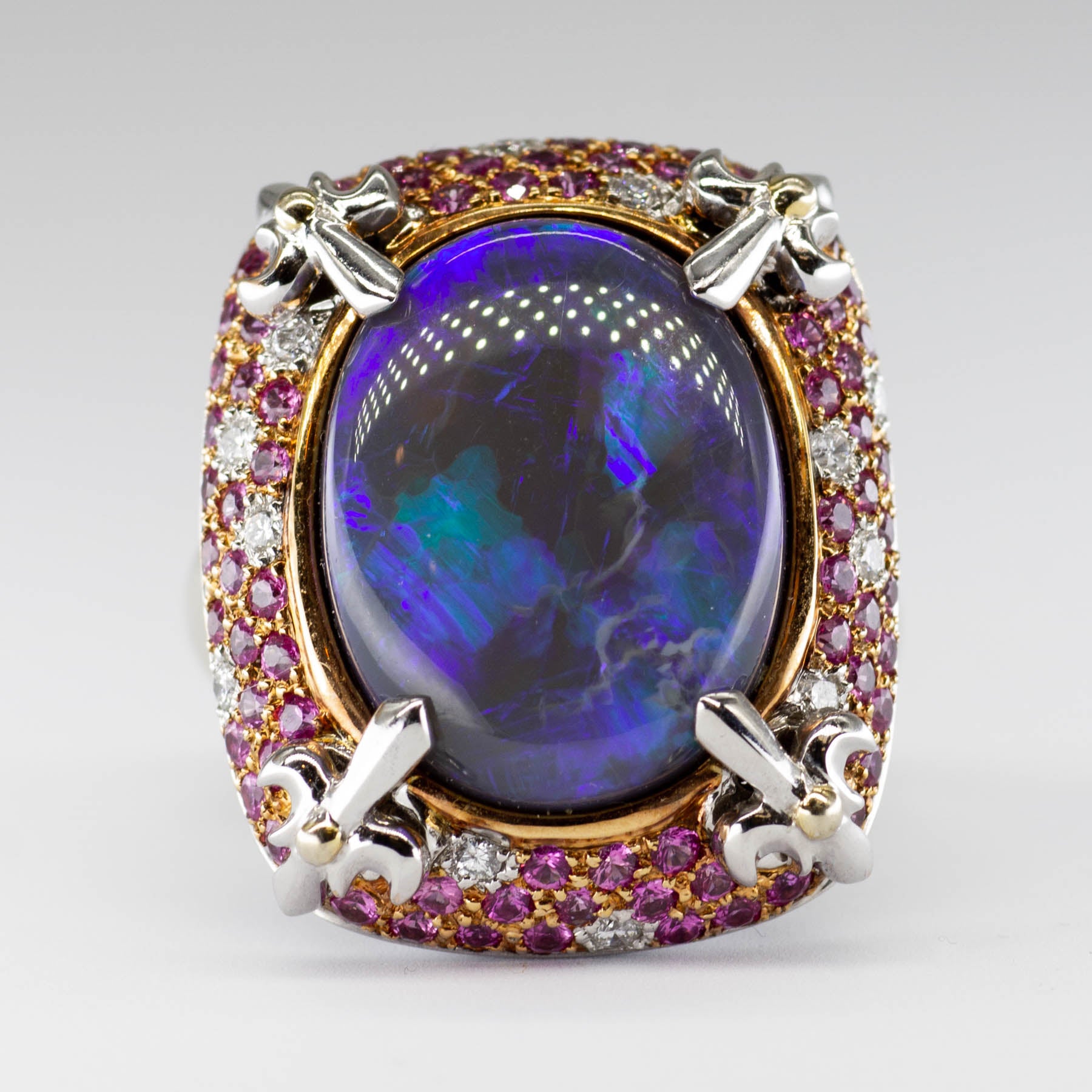 Pendentif/bague convertible en or blanc 18 carats avec opale noire, saphir rose et diamants | 15,85 ct | Taille 7 