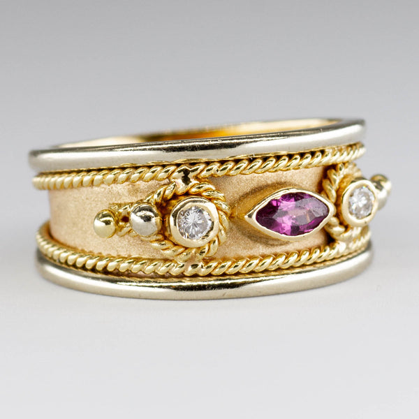 Diamond and Marquise Pink Sapphire Wide Two-Tone 14k Band| 0.08 ctw, 0.18ctw | SZ 7.75