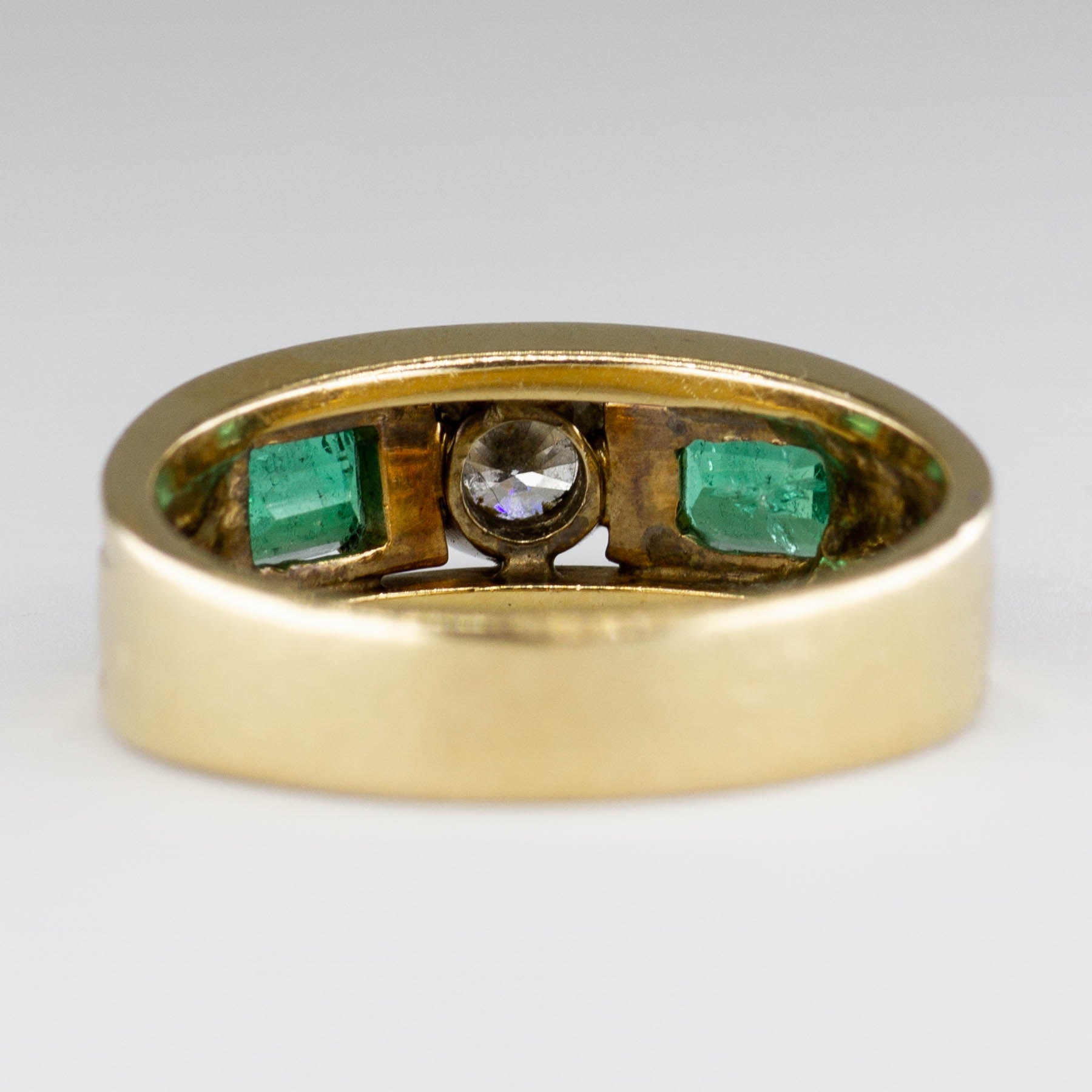 Emerald and Diamond Three Stone 14k Ring | 1.2ctw Emerald, 0.35 ctw Diamonds | SZ 8.75