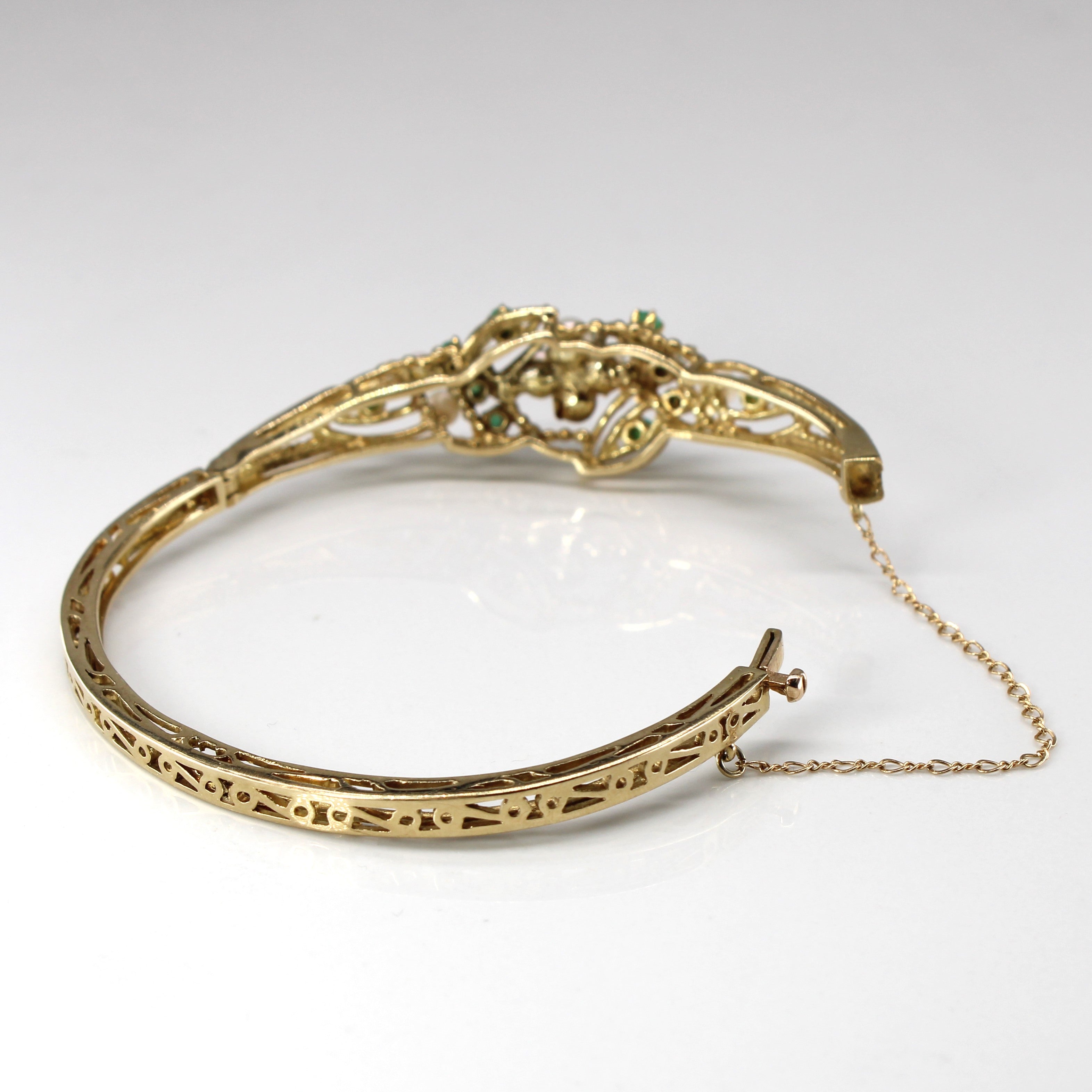 9k Gold Vintage Emerald & Pearl Filigree Bangle | 1.20ctw | 7"|