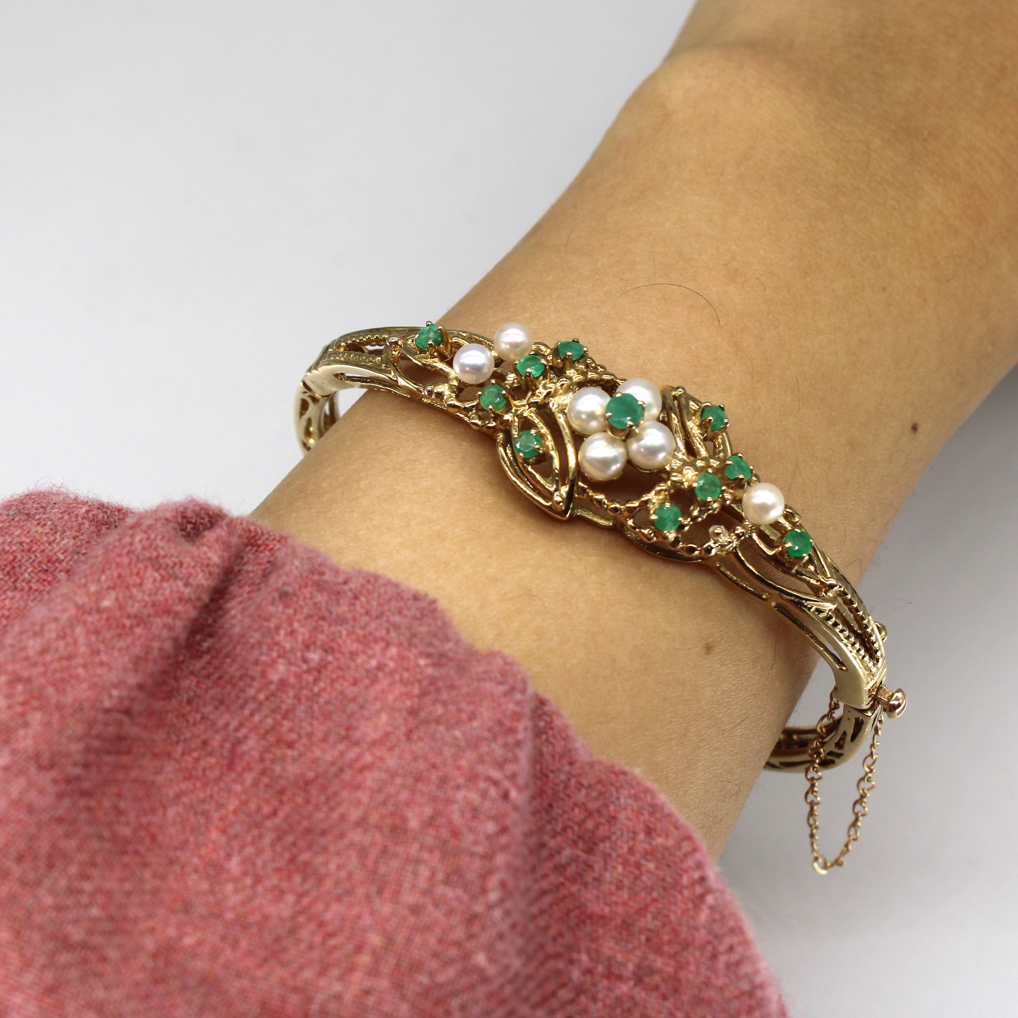 9k Gold Vintage Emerald & Pearl Filigree Bangle | 1.20ctw | 7"|