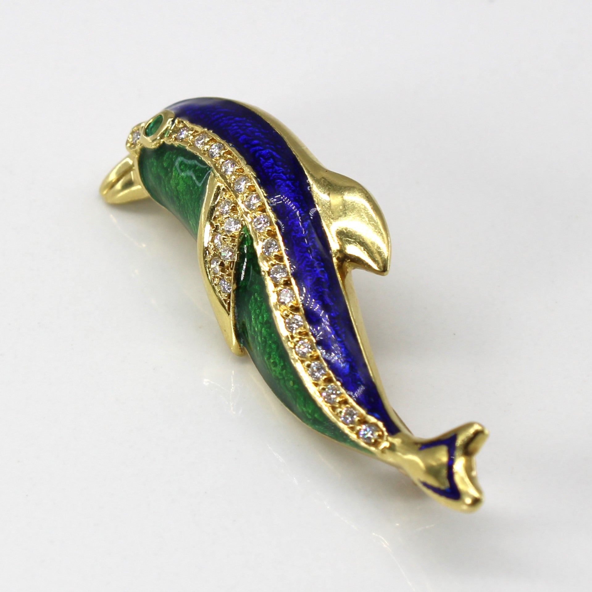 Enameled Fish Diamond & Emerald Brooch | 0.23ctw | 0.03ct |