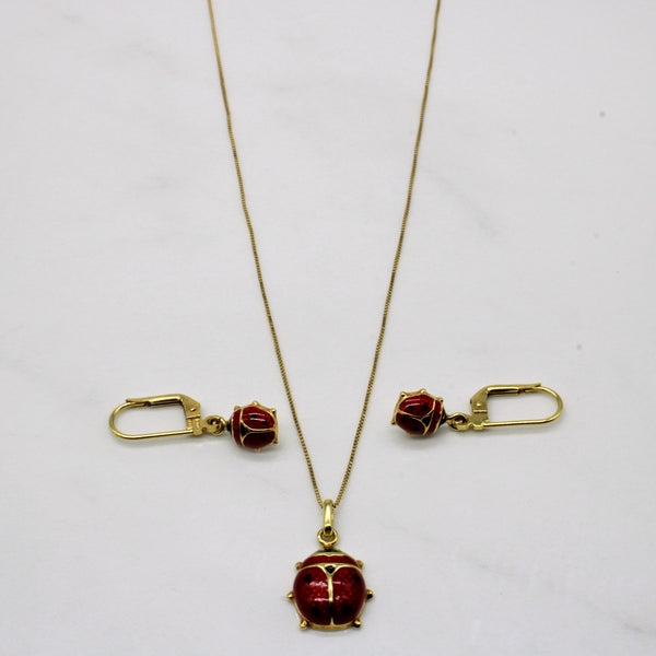 14k Yellow Gold Enamel Ladybug Necklace & Earring Set | 18