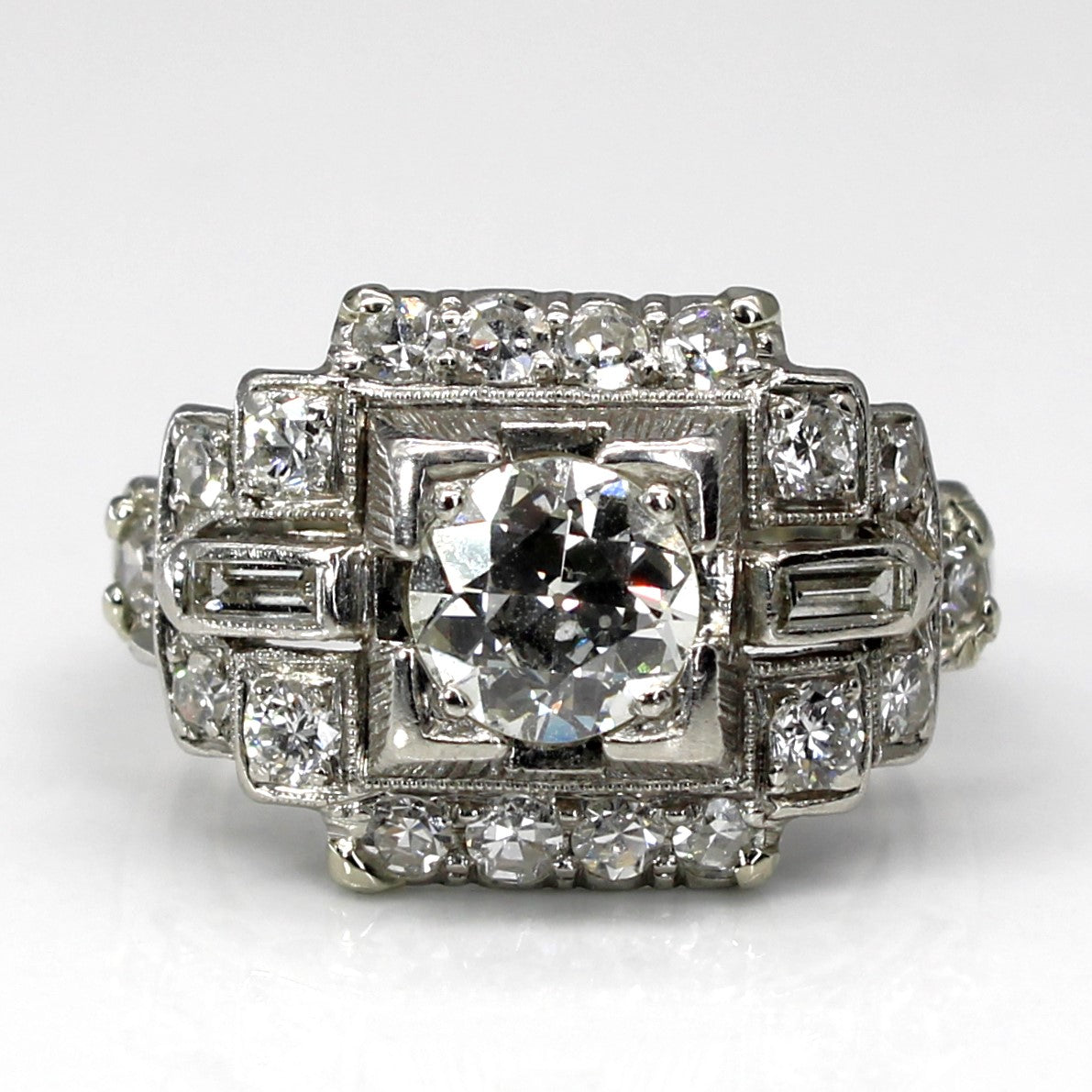 Art Deco Old European Cut Diamond Ring in Platinum | 1.46ctw SI2 I/J | SZ 5 |