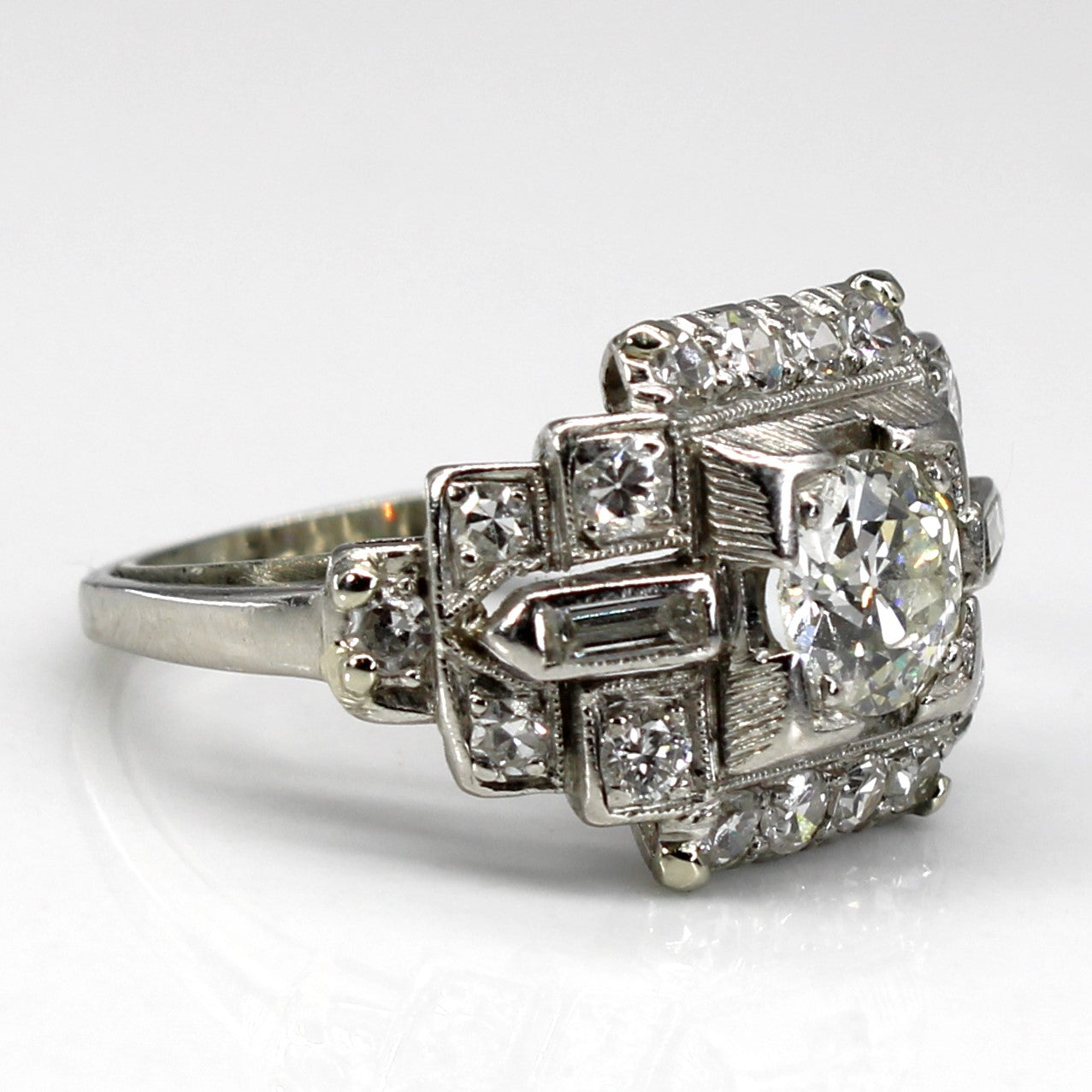 Art Deco Old European Cut Diamond Ring in Platinum | 1.46ctw SI2 I/J | SZ 5 |