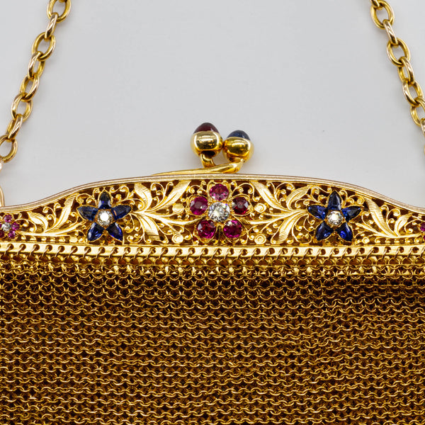 Antique 18k Gold Diamond, Ruby and Sapphire Chain Purse | 3.13 ctw