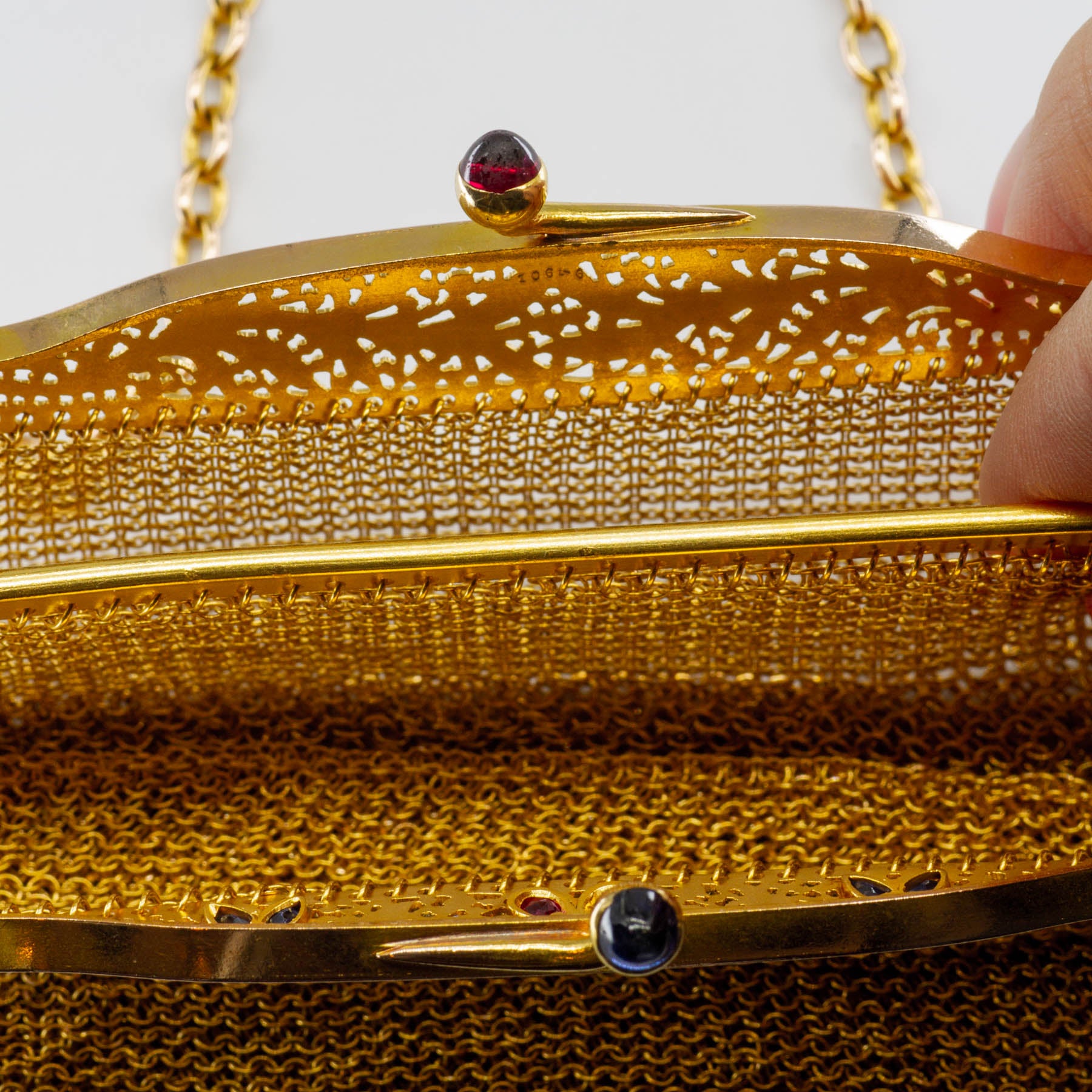 Antique 18k Gold Diamond, Ruby and Sapphire Chain Purse | 3.13 ctw