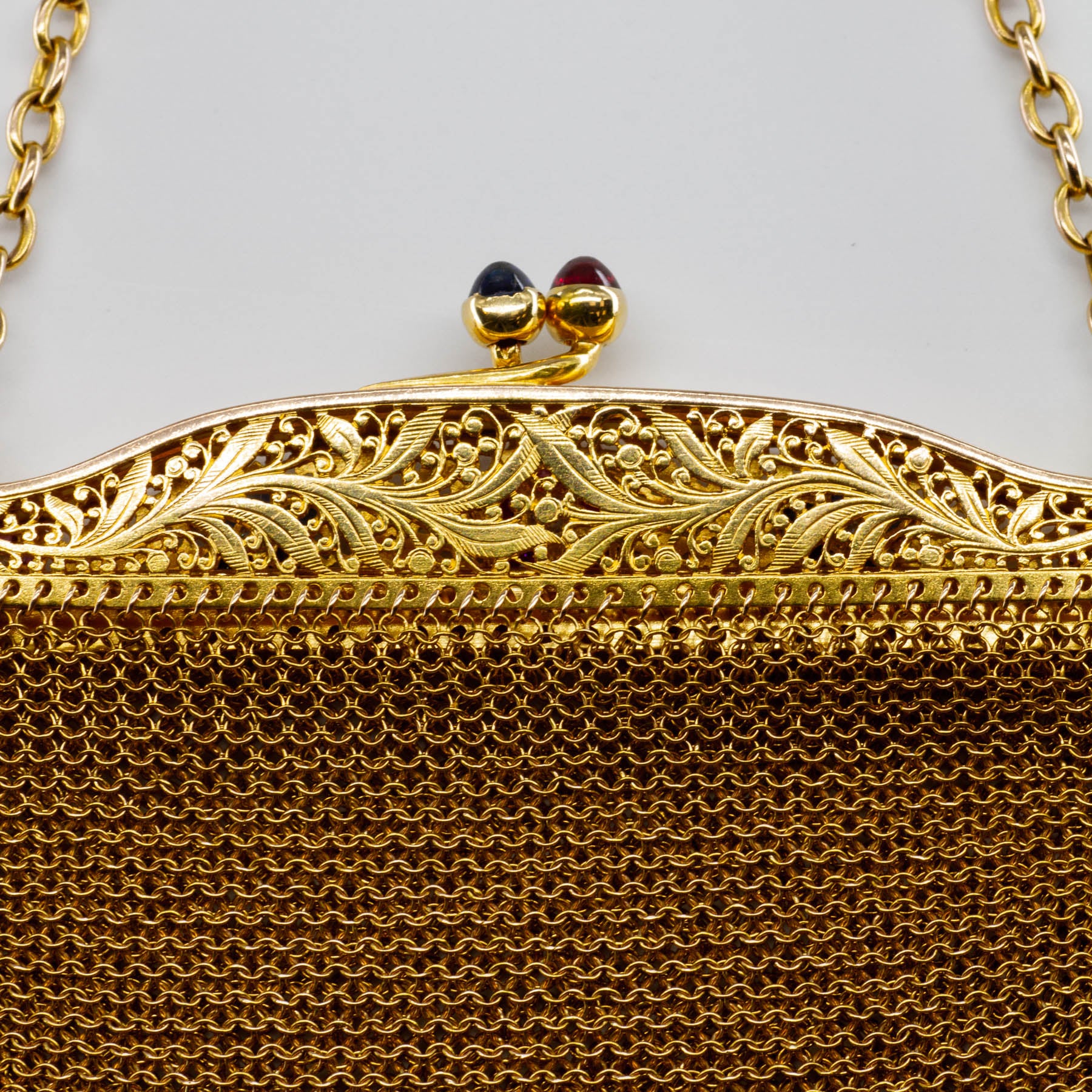 Antique 18k Gold Diamond, Ruby and Sapphire Chain Purse | 3.13 ctw