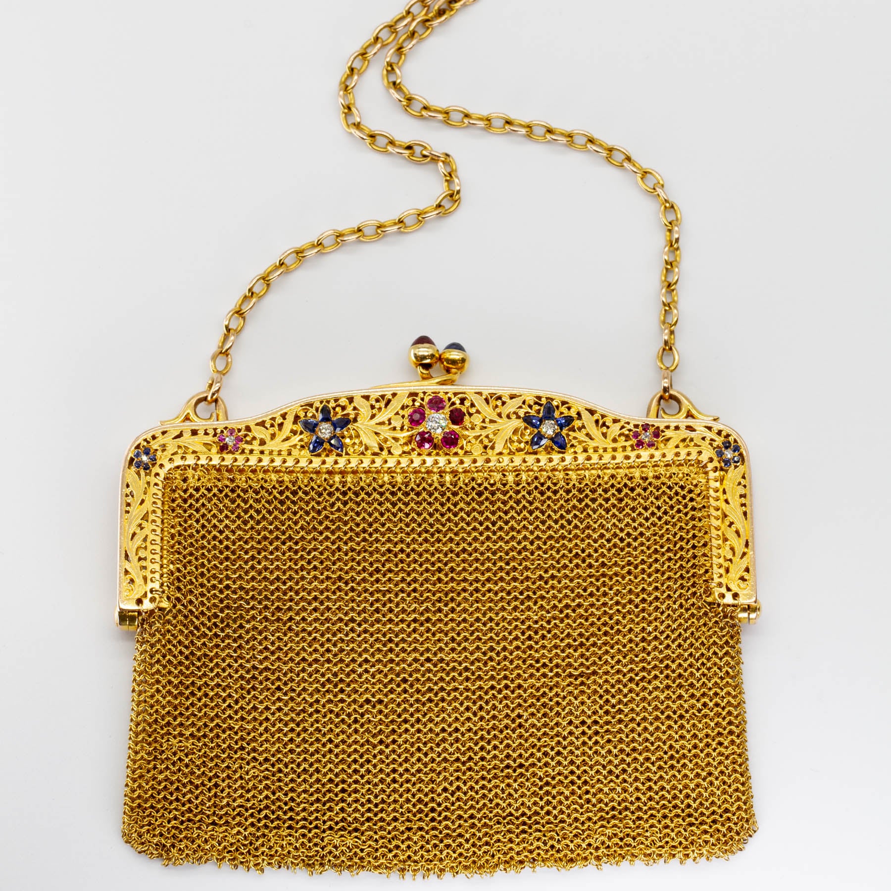 Antique 18k Gold Diamond, Ruby and Sapphire Chain Purse | 3.13 ctw