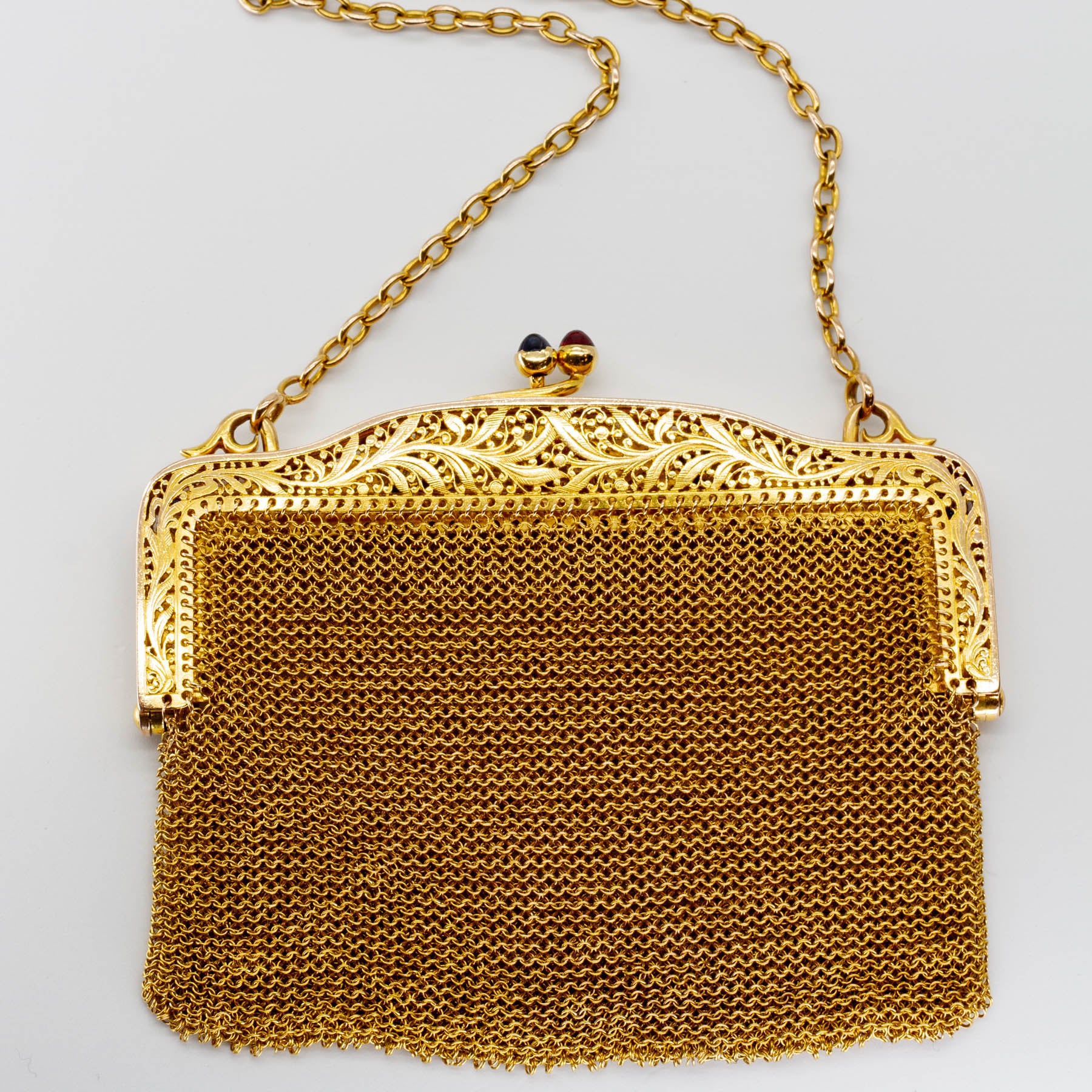 Antique 18k Gold Diamond, Ruby and Sapphire Chain Purse | 3.13 ctw