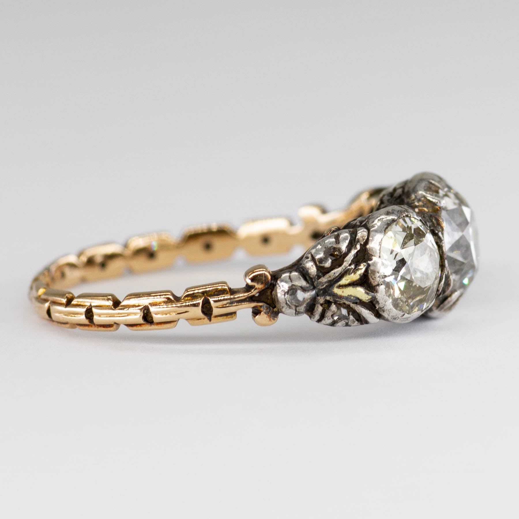 Antique Gold and Old European Diamond Three Stone Ring | 1.62ctw | SZ 6