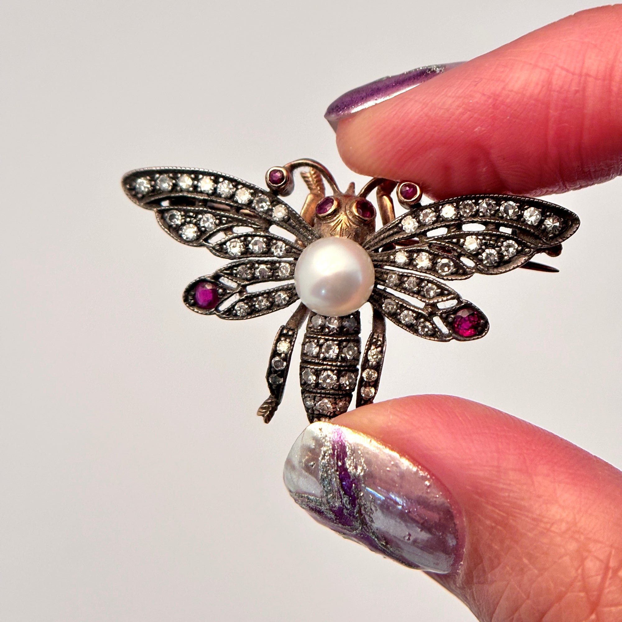 14K Rose Gold with Silver Butterfly Pearl Ruby Diamond Brooch | 6.60mm, 0.22ctw, 0.75ctw