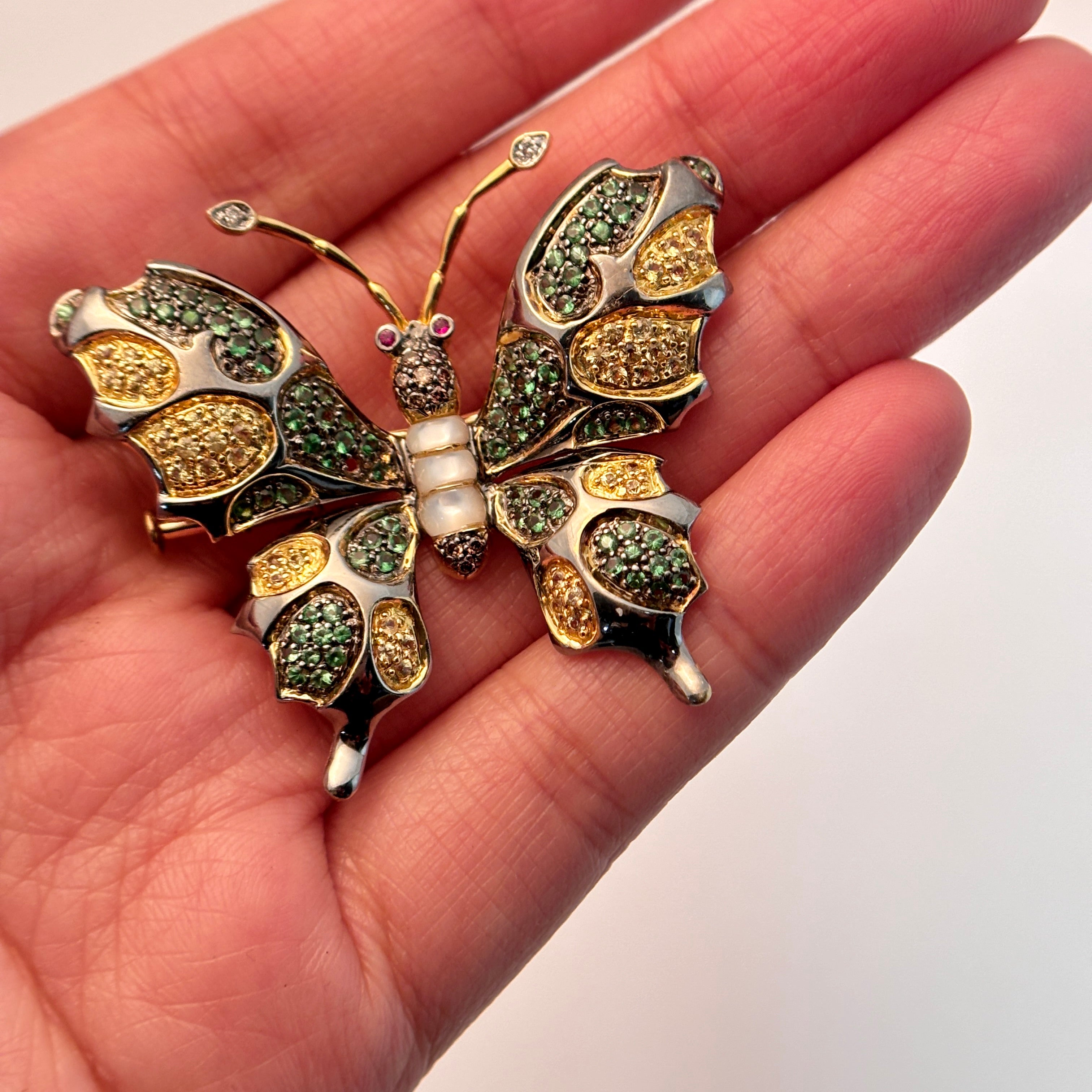 18K Yellow Gold Butterfly Opal Sapphire Tsavorite Ruby Diamond Brooch | 0.10ctw