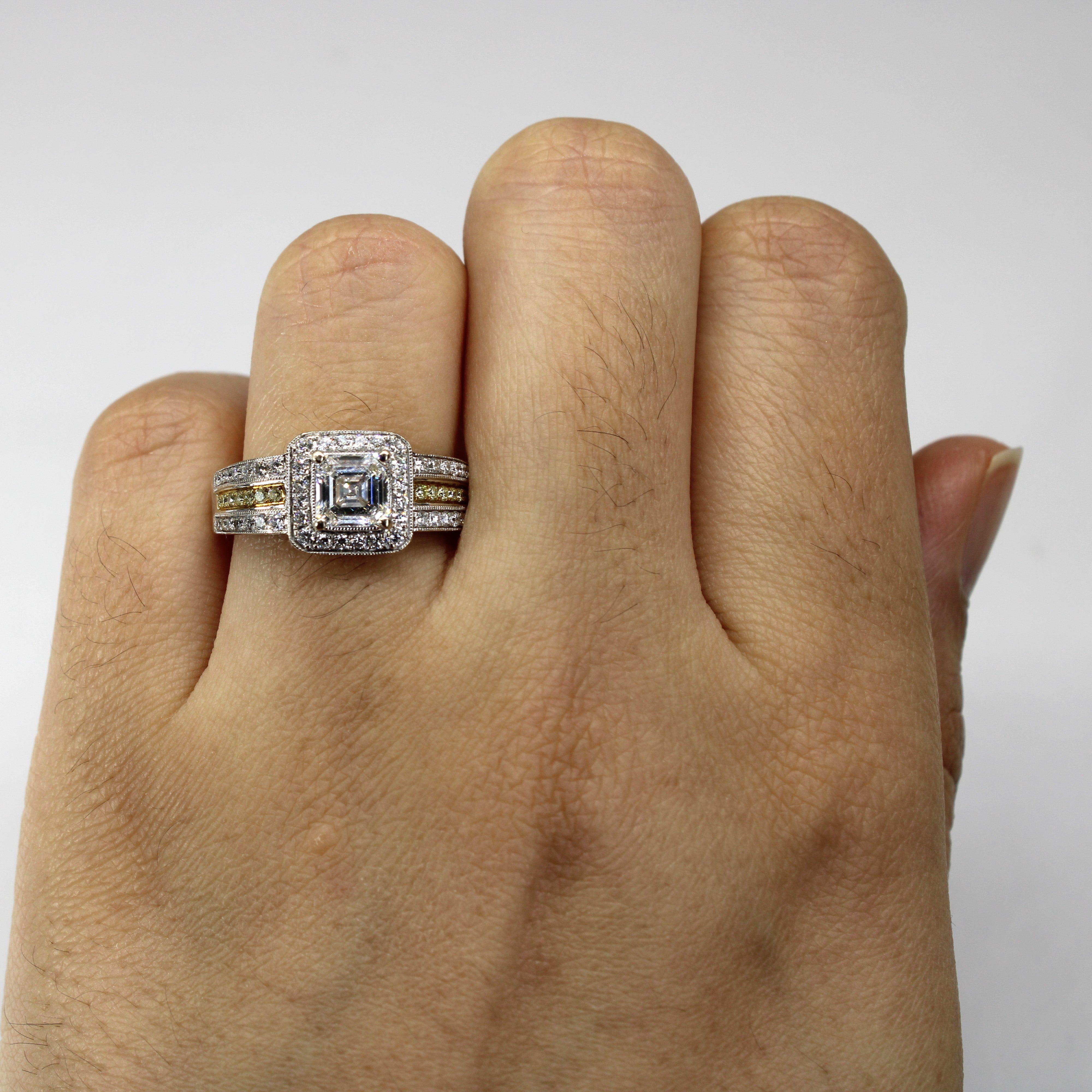 Halo Diamond Two Tone Gold Engagement Ring | 1.22ctw SI2 F | SZ 6.5 |