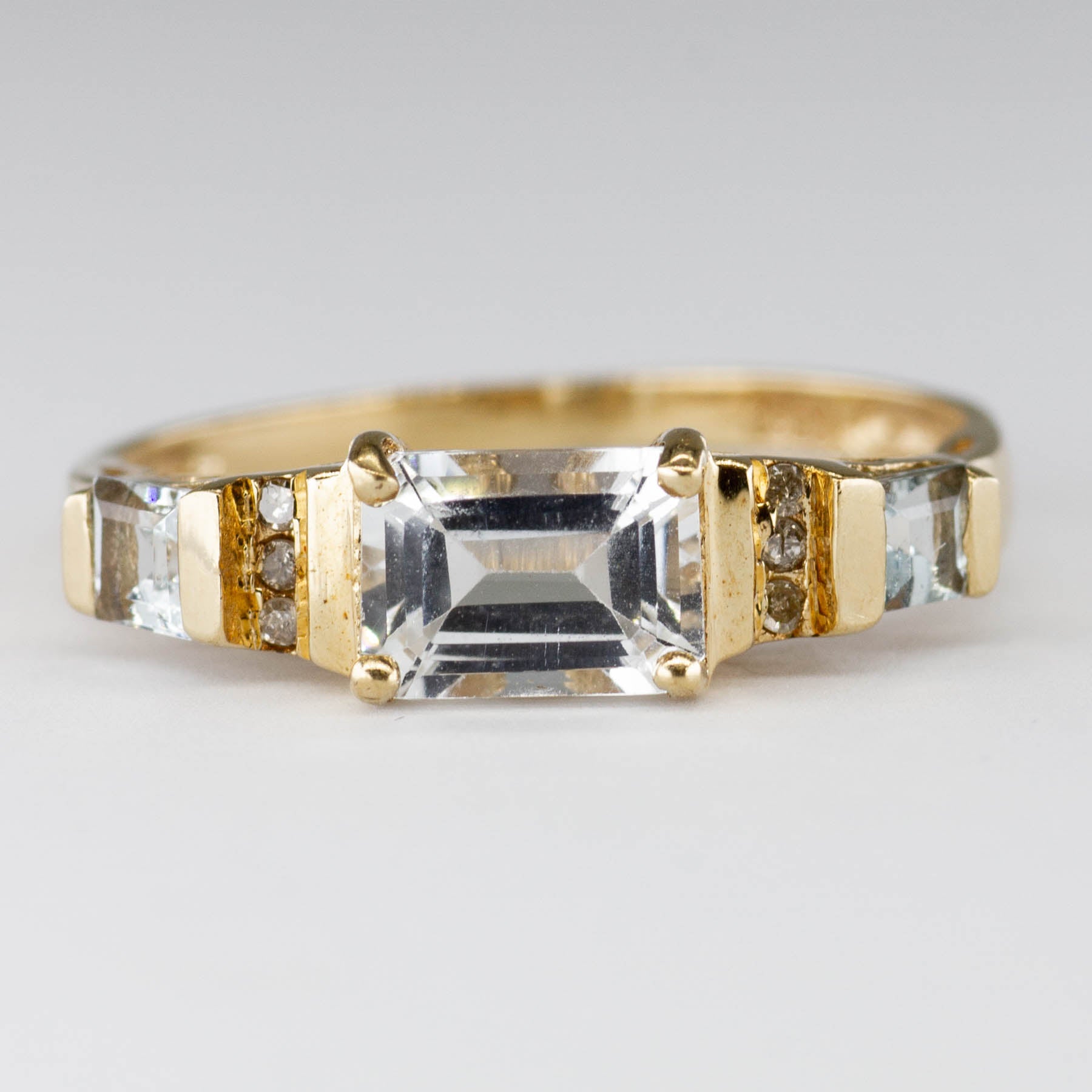 10k Yellow Gold Step Cut Aquamarine and Diamond Ring | 1.26ctw | 8