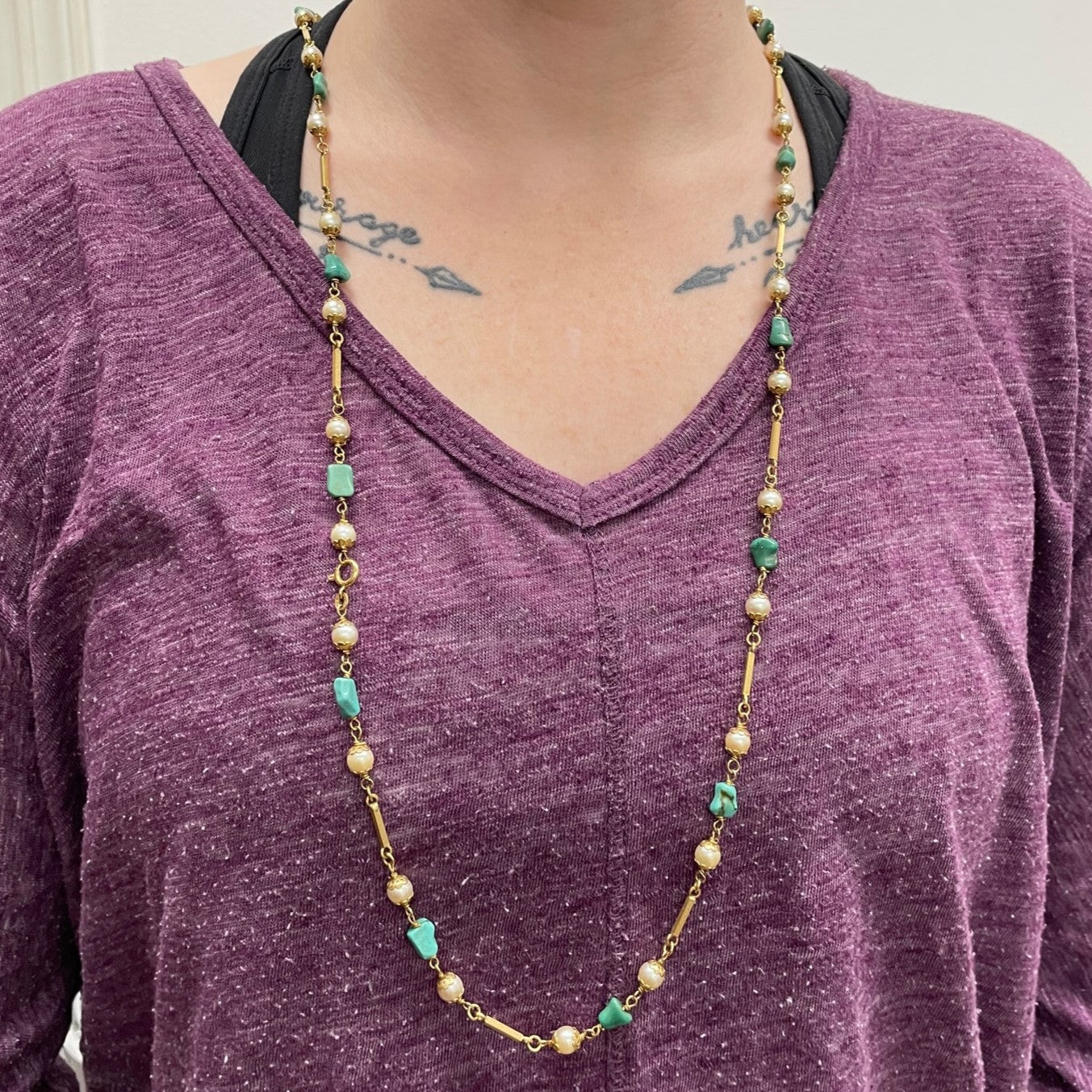 Pearls and Turquoise Beads Necklace | 36"|