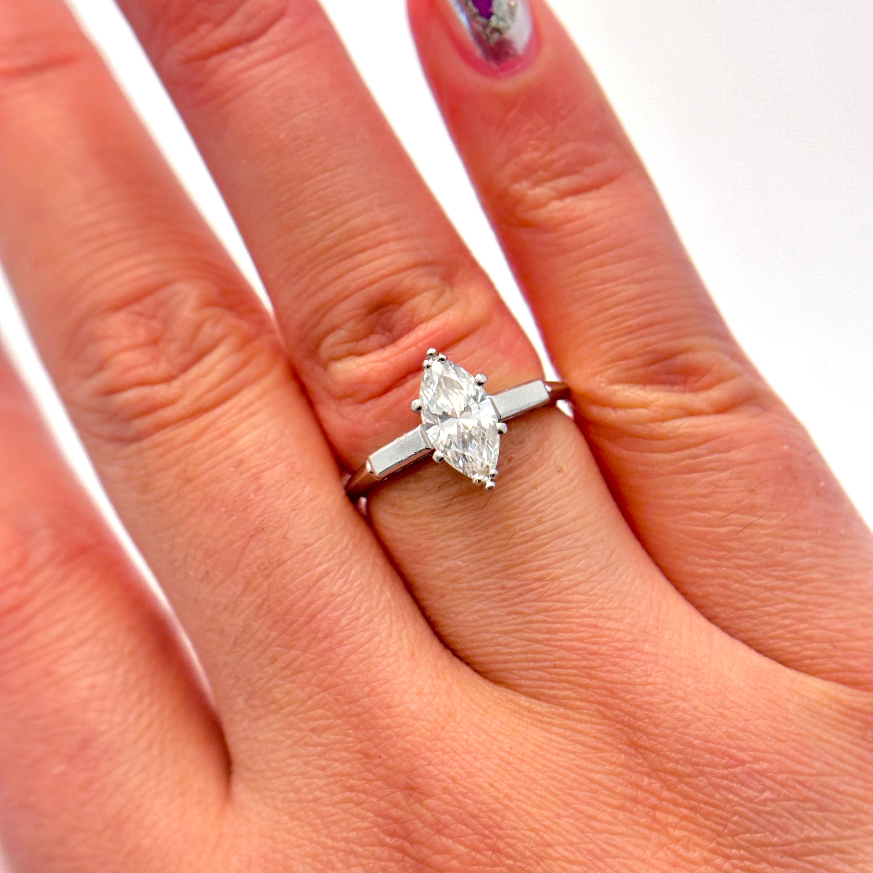 Bague solitaire en platine avec diamant taille marquise | 1,00 ct VS2 G/H | Taille 6,5 | 