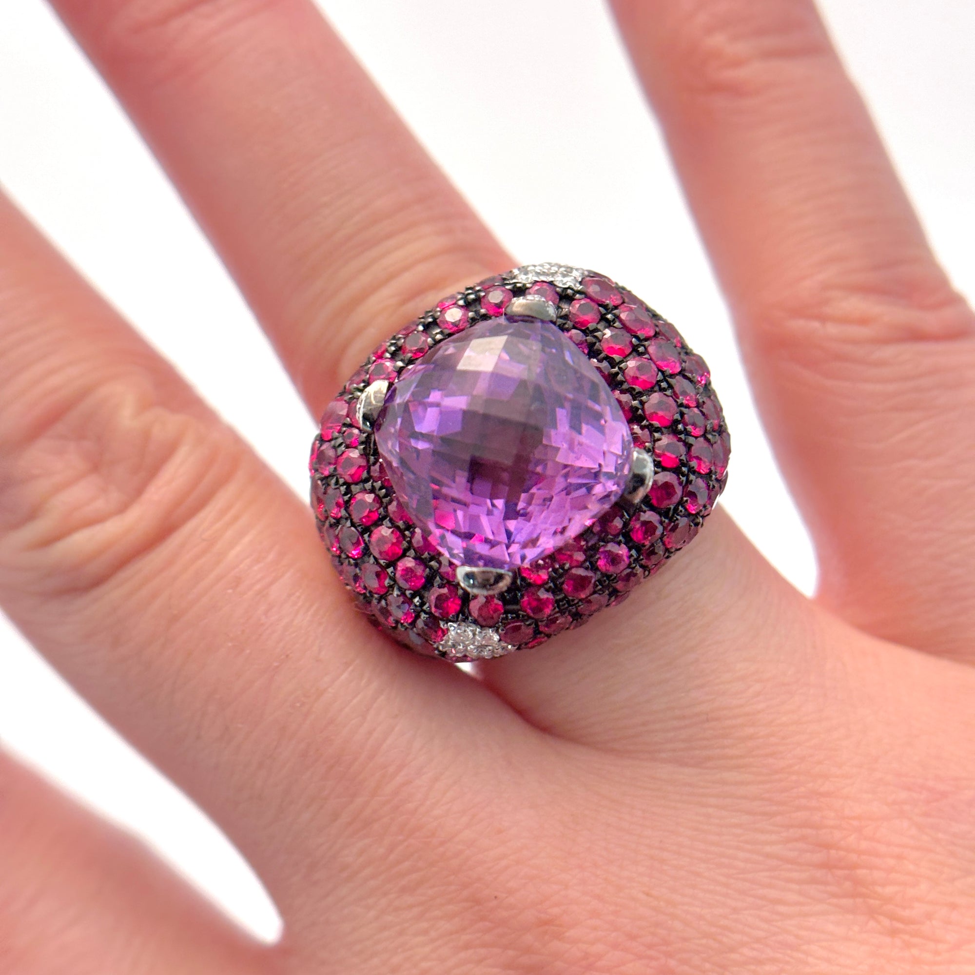 18K White Gold with Black Rhodium Amethyst, Ruby and Diamond Ring | 13.00 ct, 7.50 ctw, 0.33 ctw | SZ 6.5 |