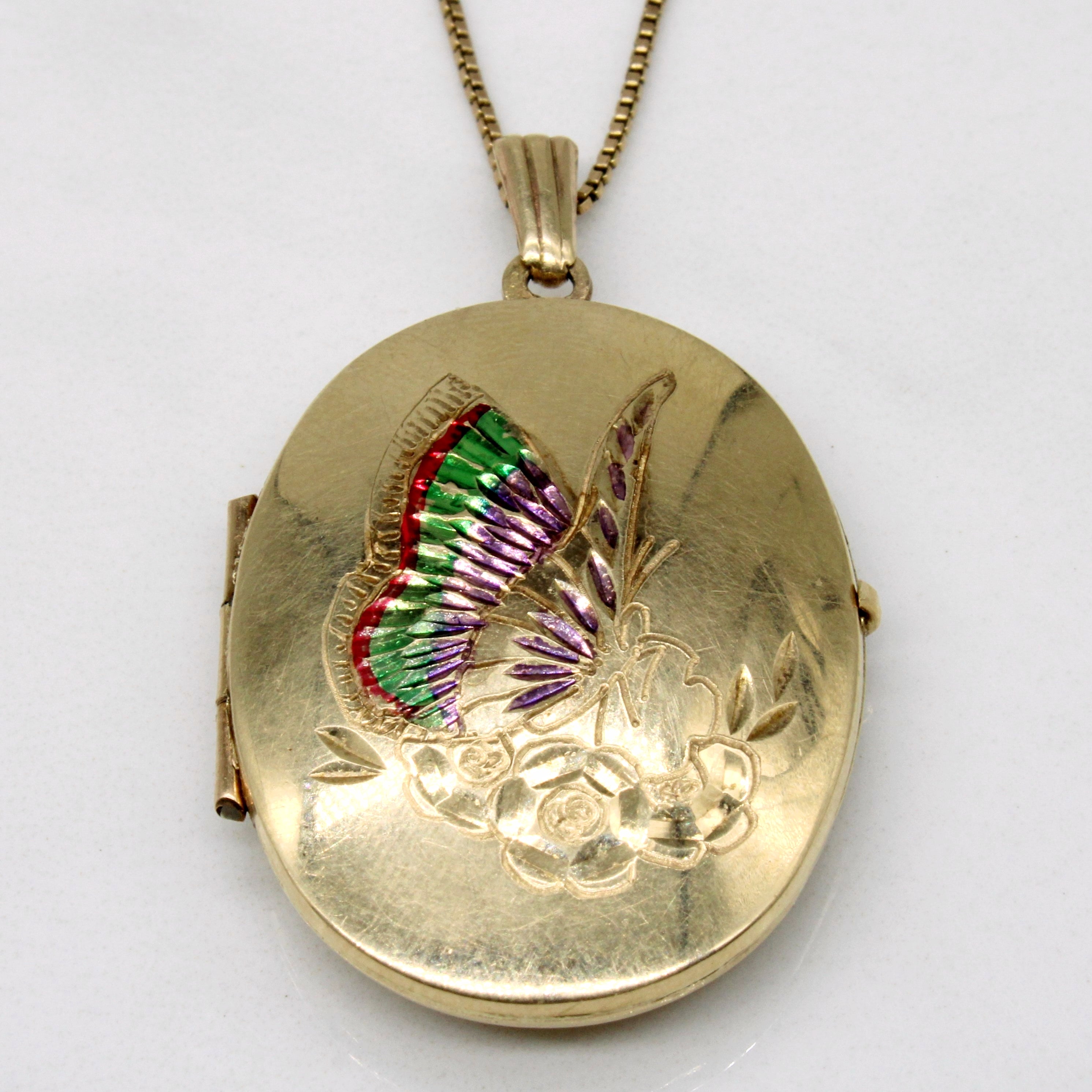 10k Yellow Gold Painted Butterfly Locket & Necklace | 20" |