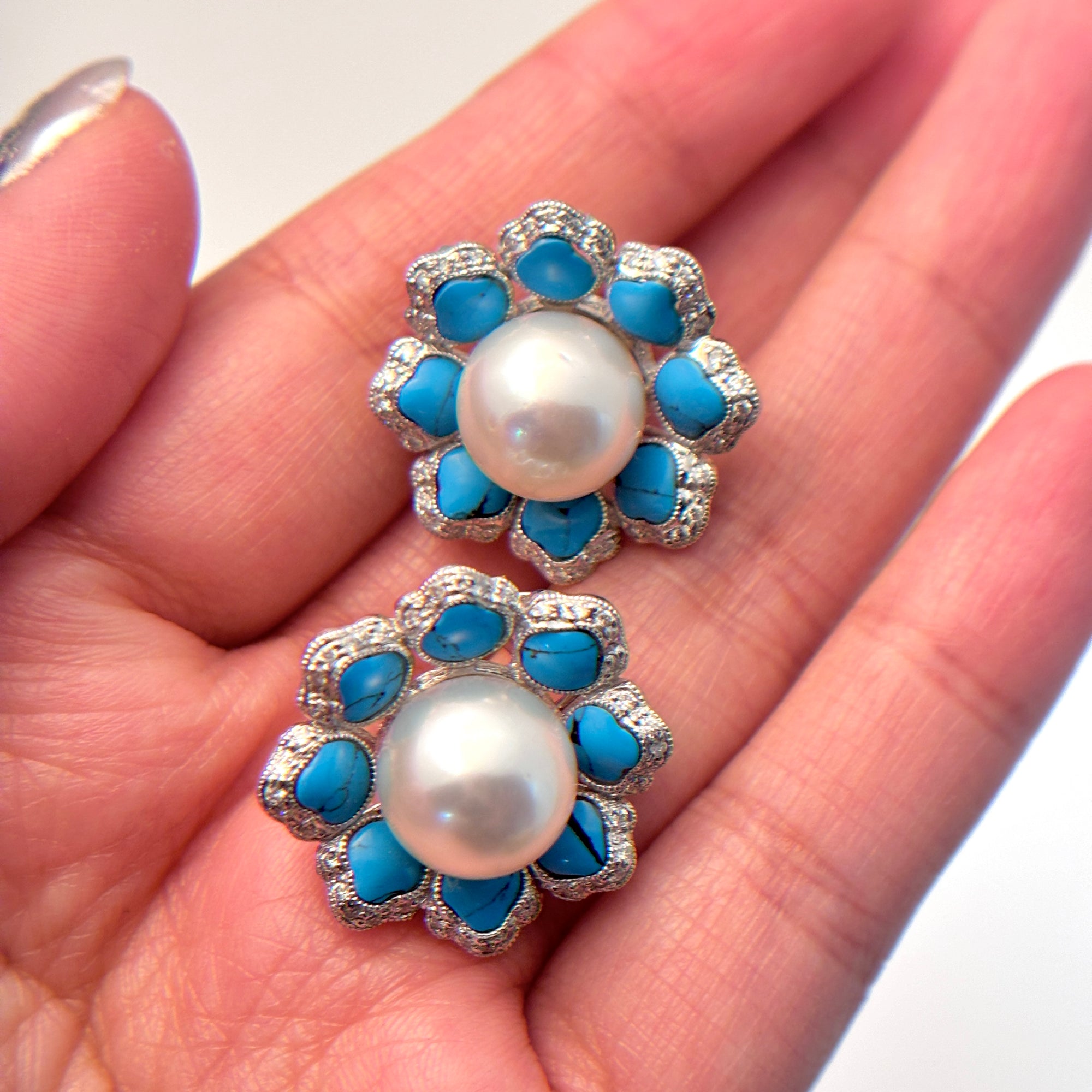 18K White Gold South Sea Pearls, Turquoise, and Diamond Earrings | 10.5-11.0mm, 0.80ctw