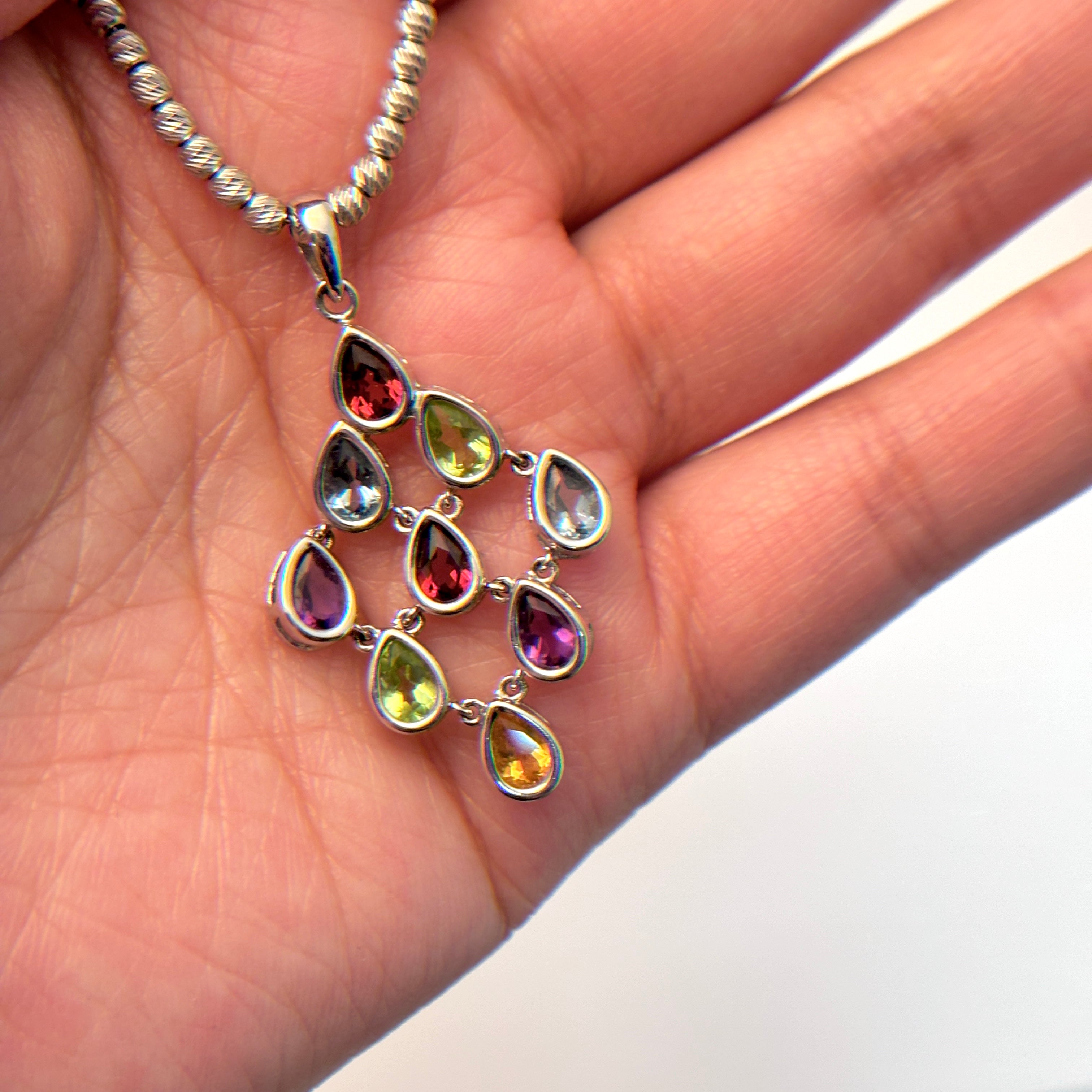 14K White Gold Multi Colored Gem Necklace | 16"| 3 ctw