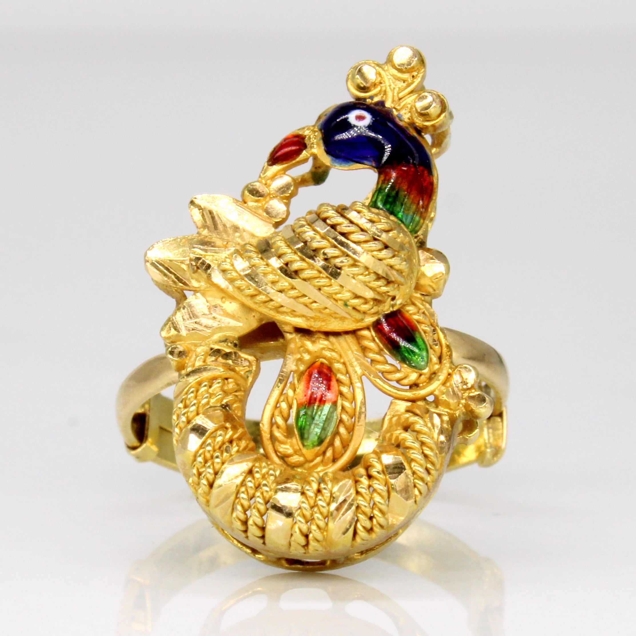 20k Yellow Gold Enamel Peacock Ring | SZ 7 |