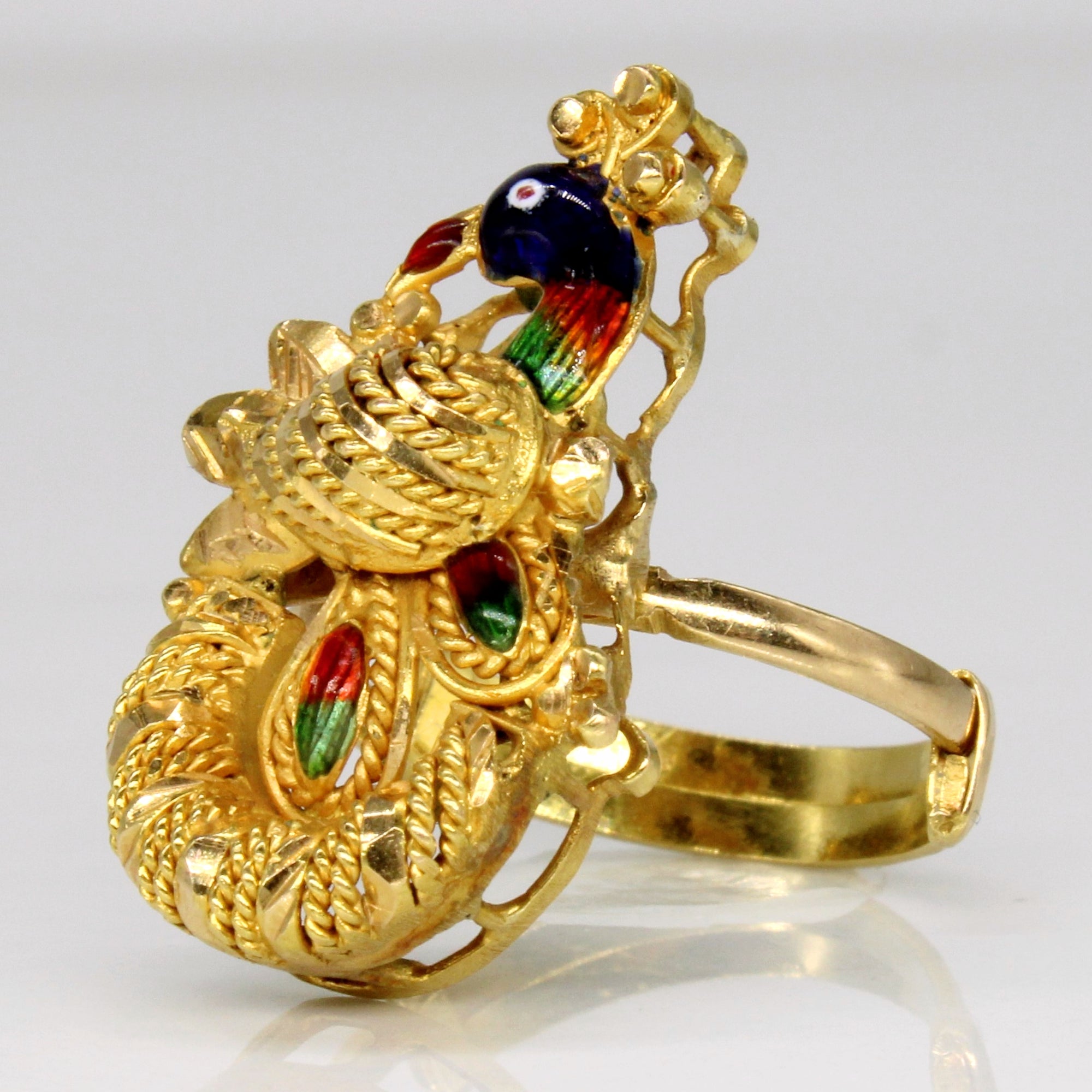 20k Yellow Gold Enamel Peacock Ring | SZ 7 |