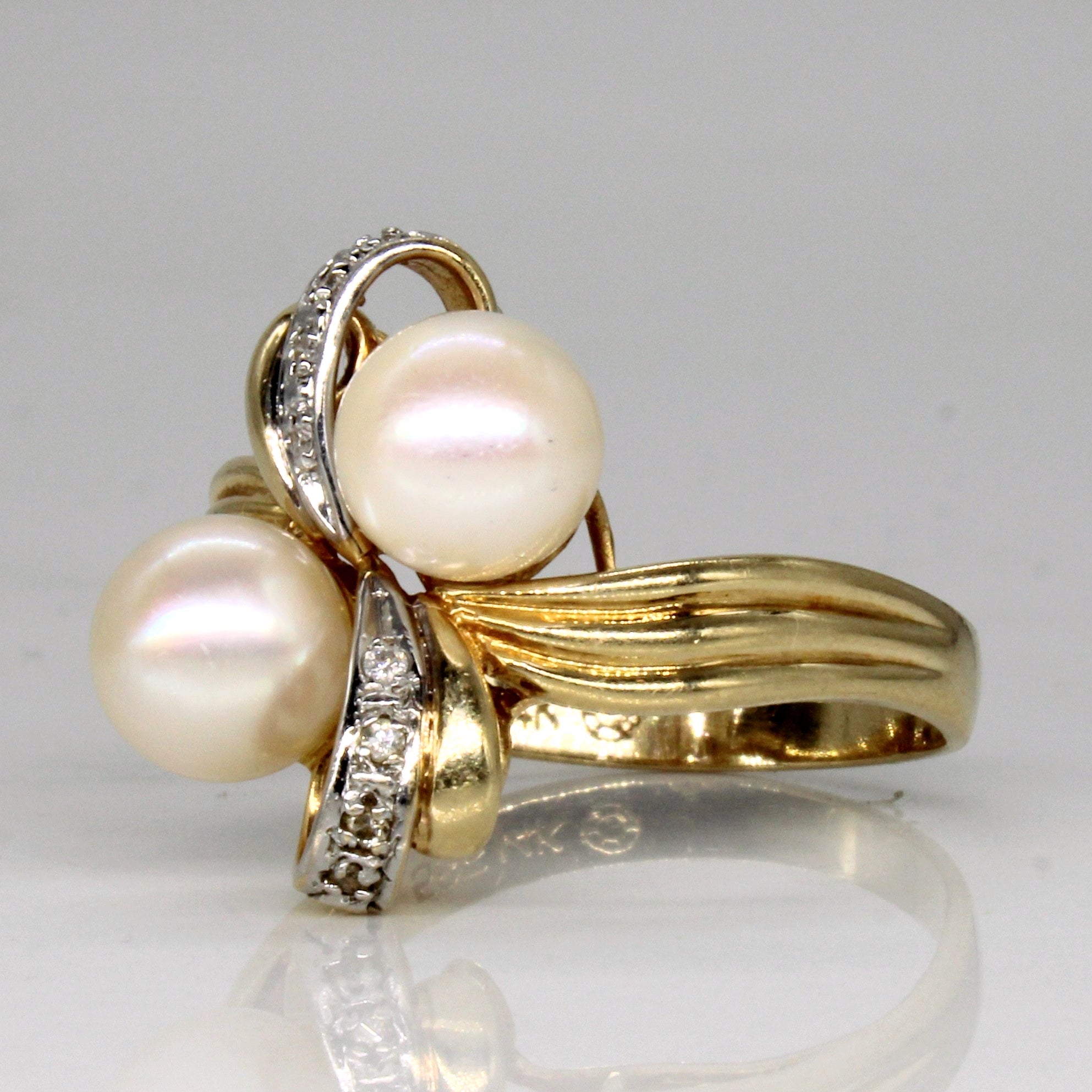 Pearl & Diamond Bow Cocktail Ring | 0.03ctw | SZ 6.25 |