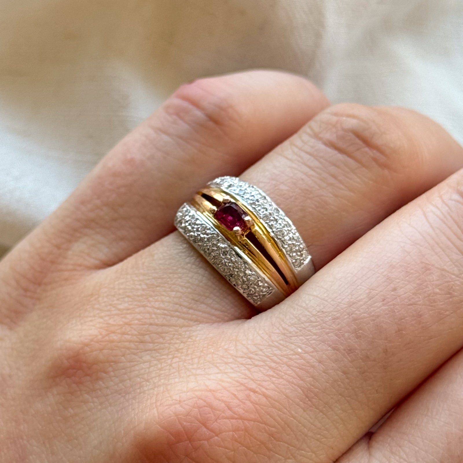 Radiant Cut Ruby & Diamond Two Tone Gold Ring | 0.28ct, 0.28ctw | SZ 7.5 |
